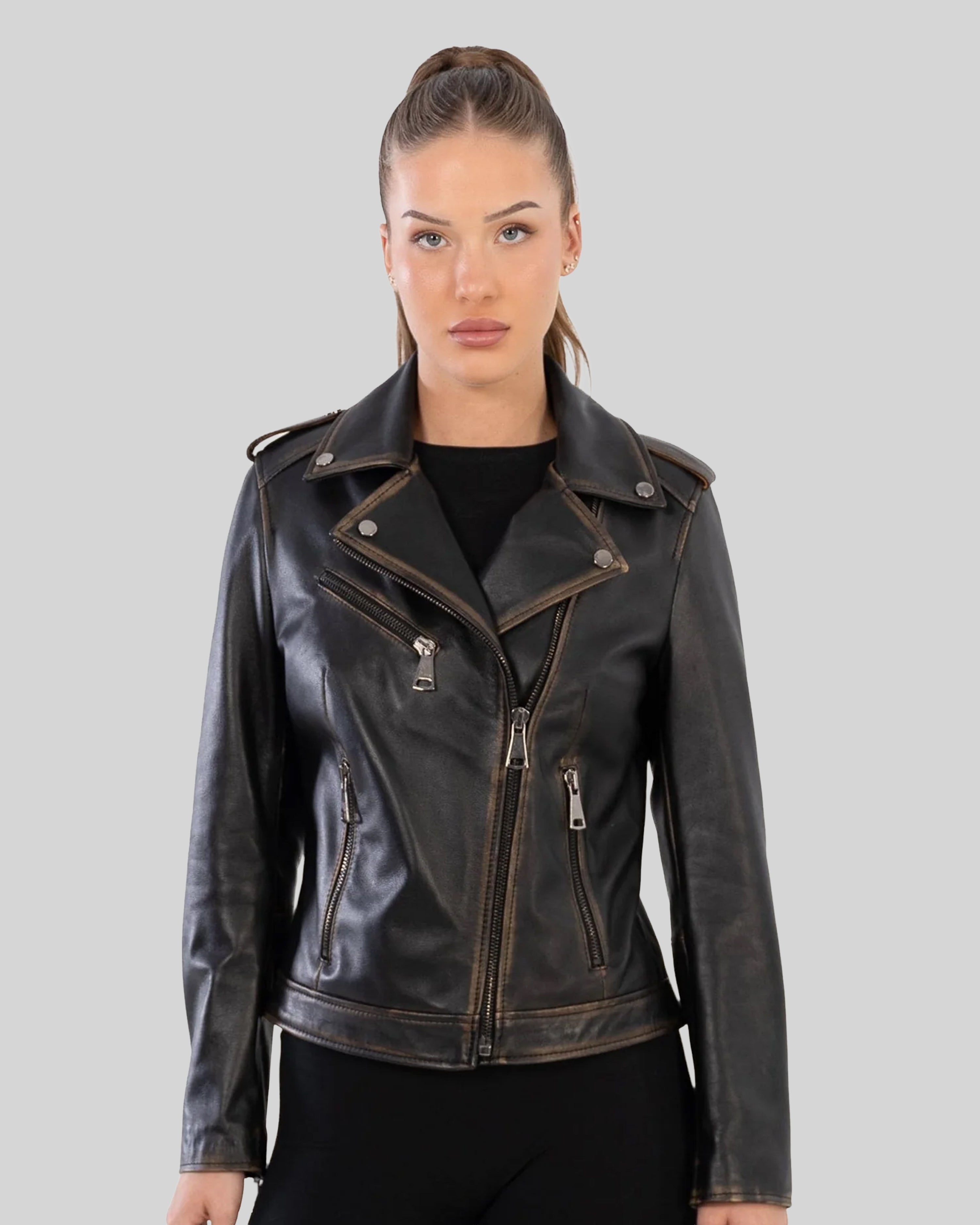 Veste en cuir vintage Thalia avec finition vieillie