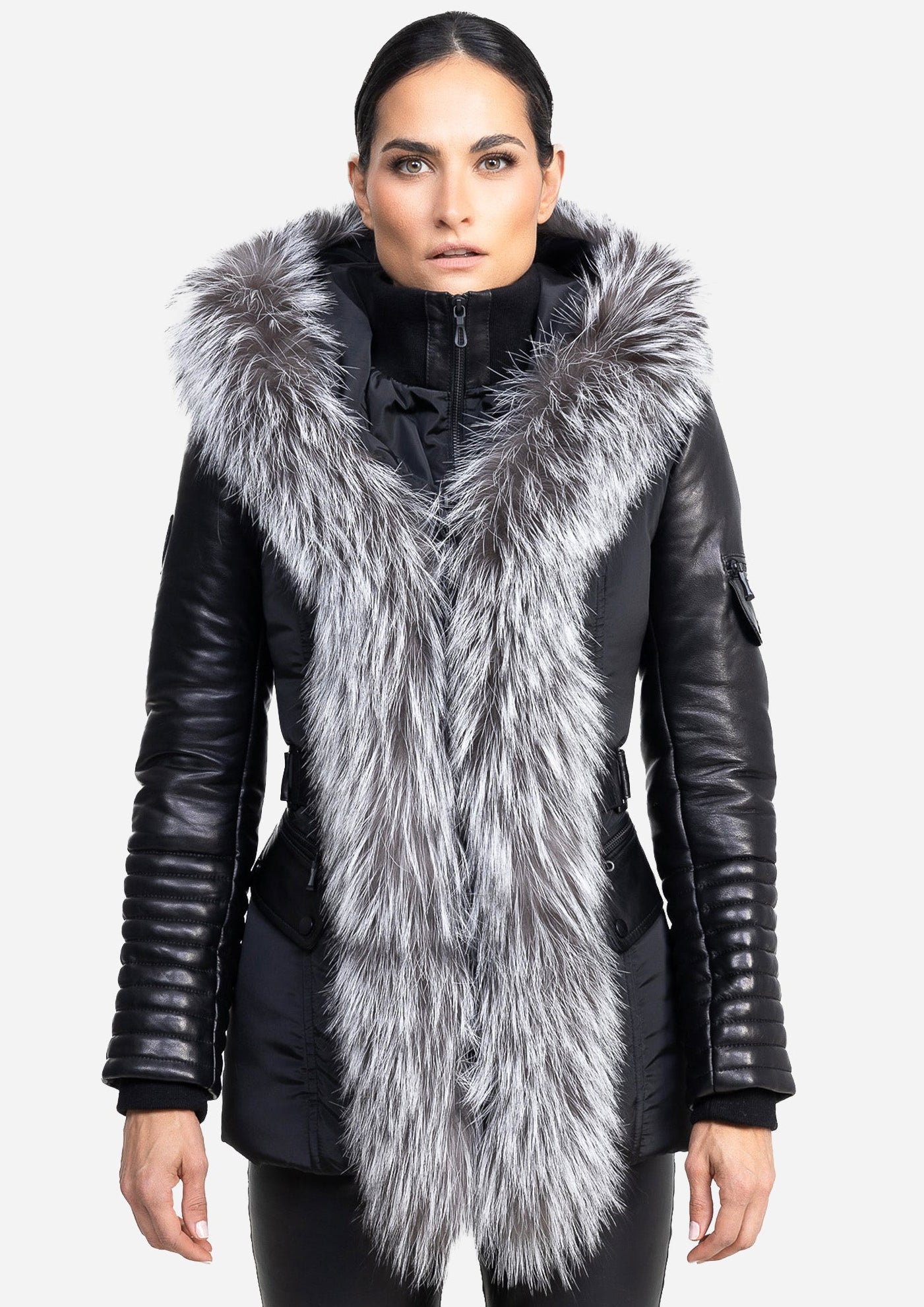 Kim Leather Sleeve Jacket with Silver Fox Fur