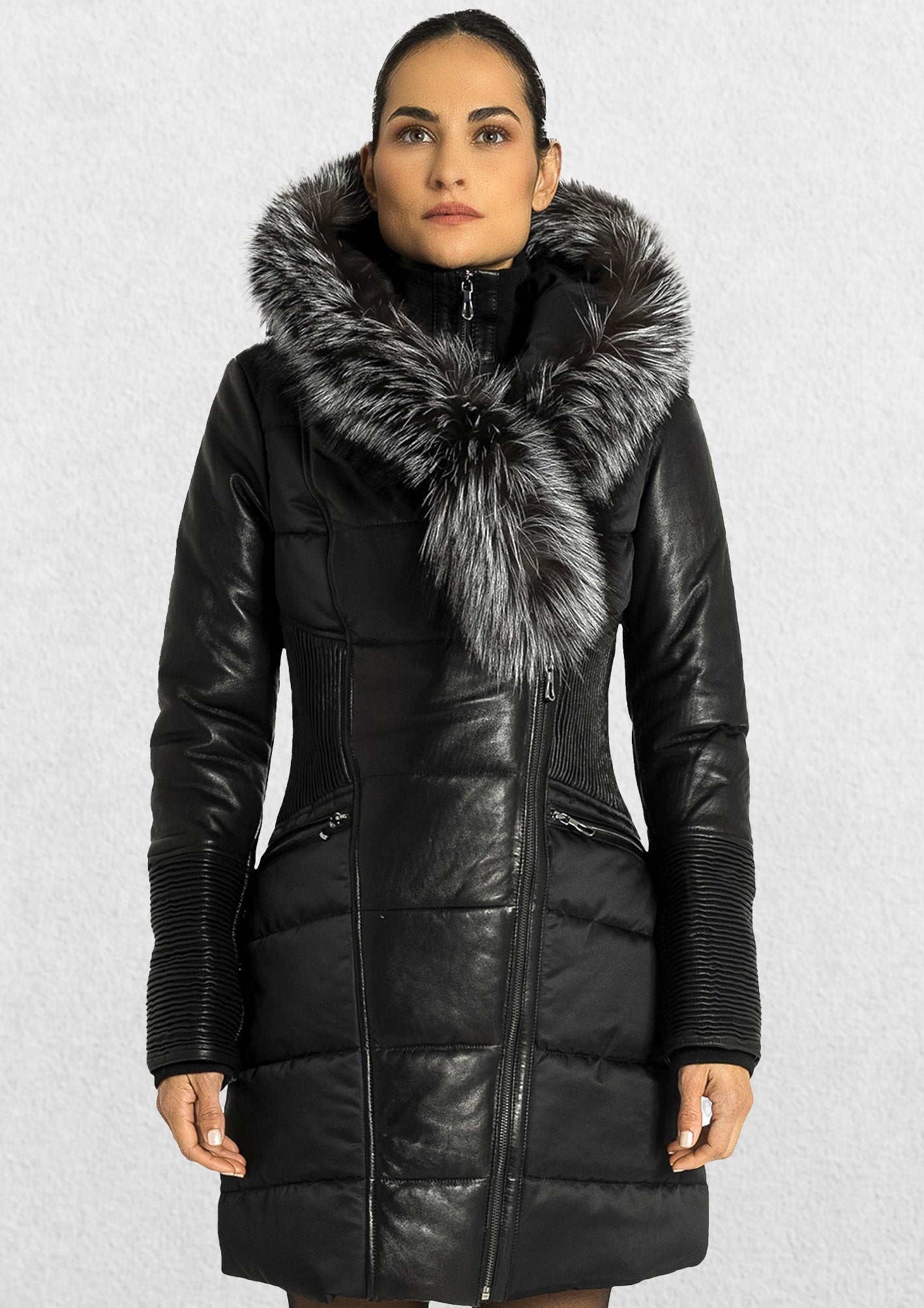Kylie Leather Sleeve Parka - Silver Fox