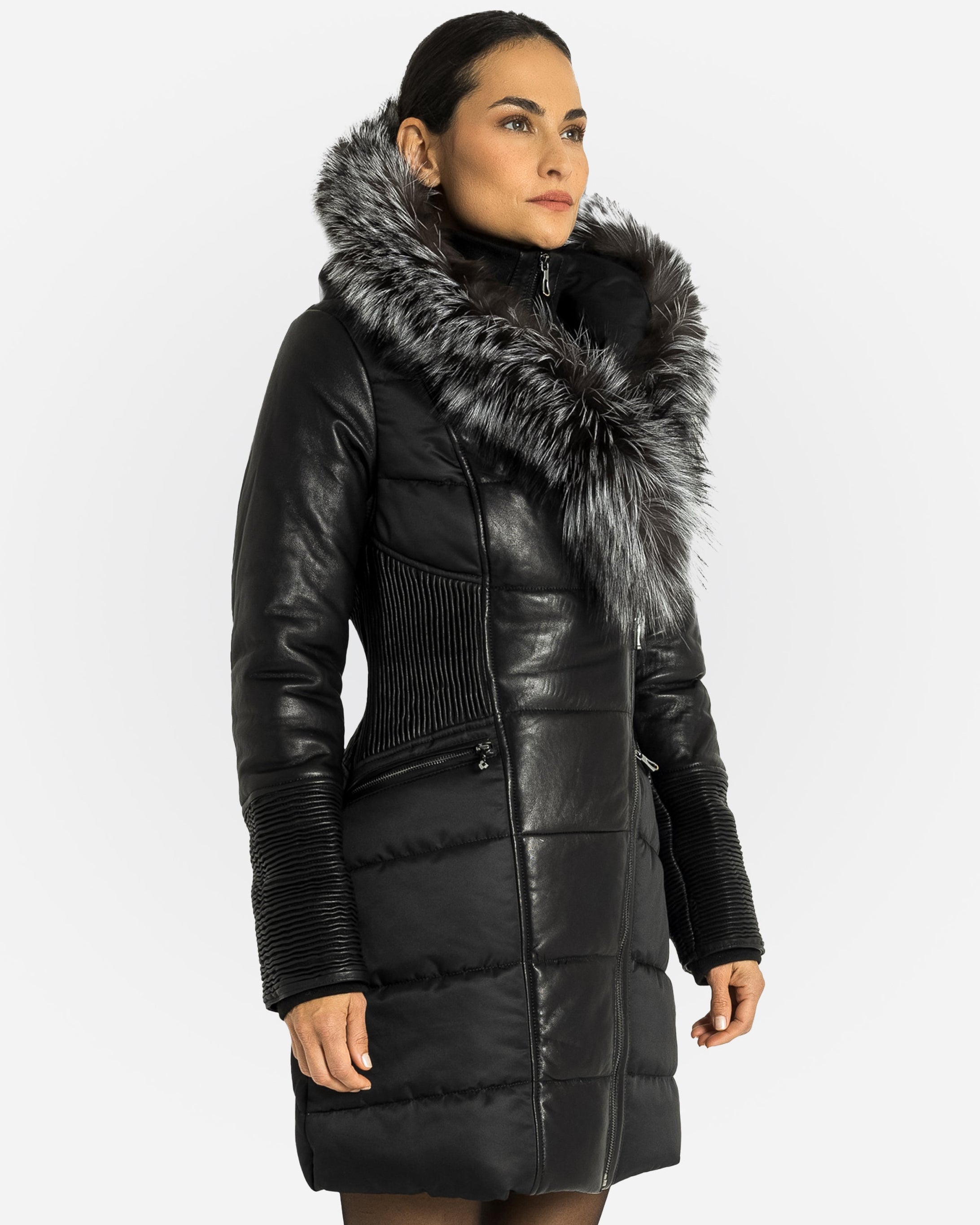 Kylie Leather Sleeve Parka - Silver Fox