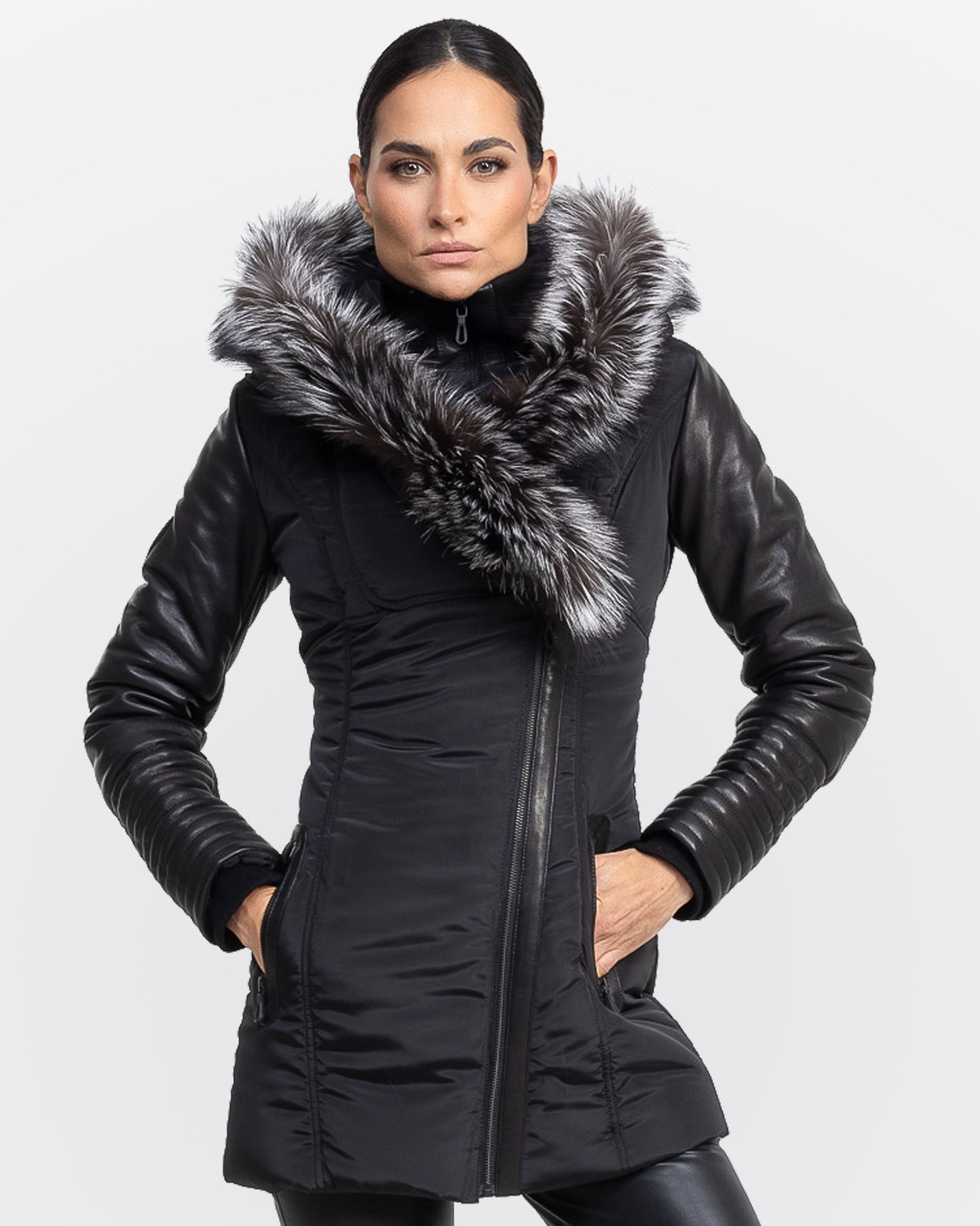 Melania - Silver Fox Puffer Jacket With Leather Sleeves