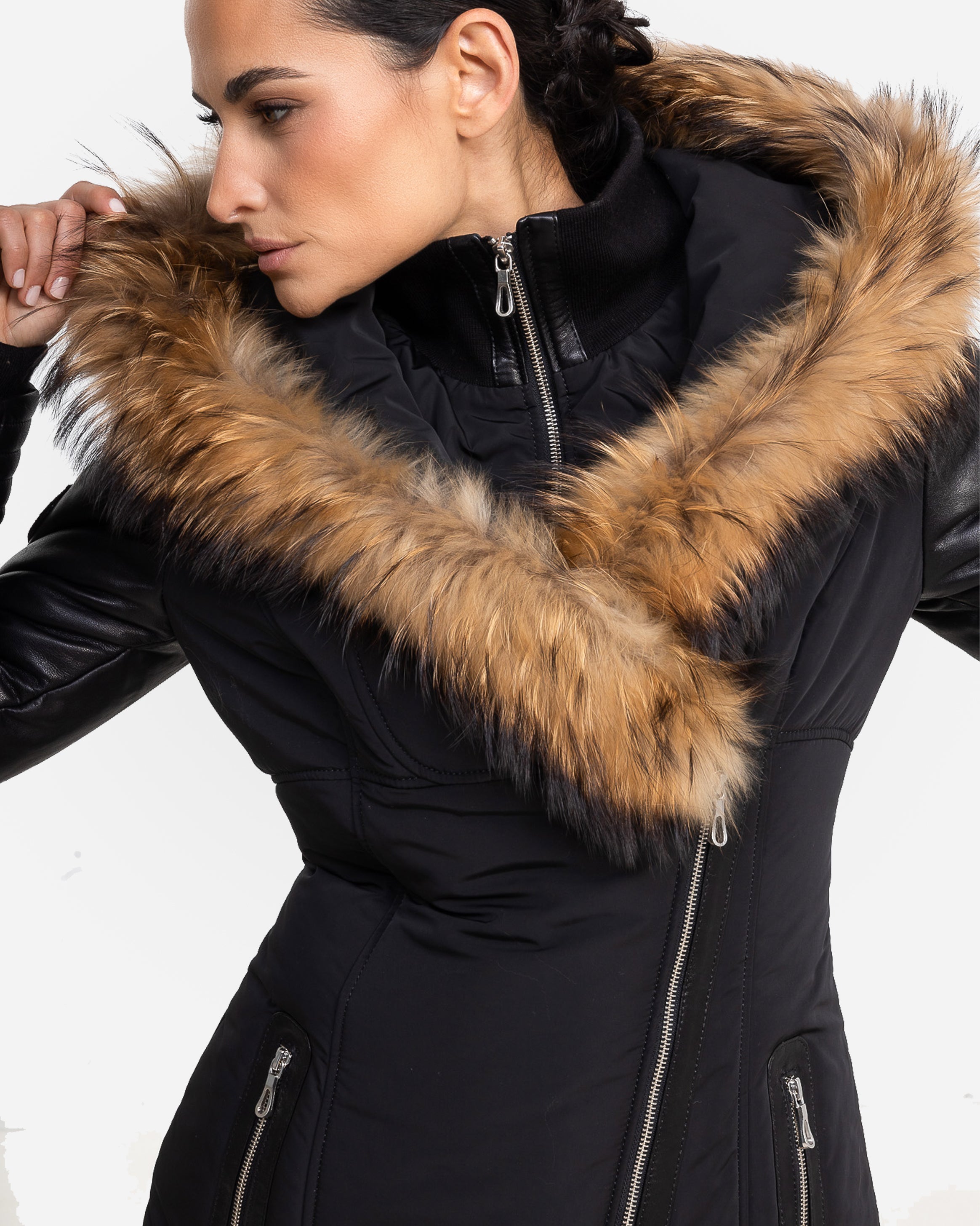 Melania Down Puffer with Leather Sleeves NAT