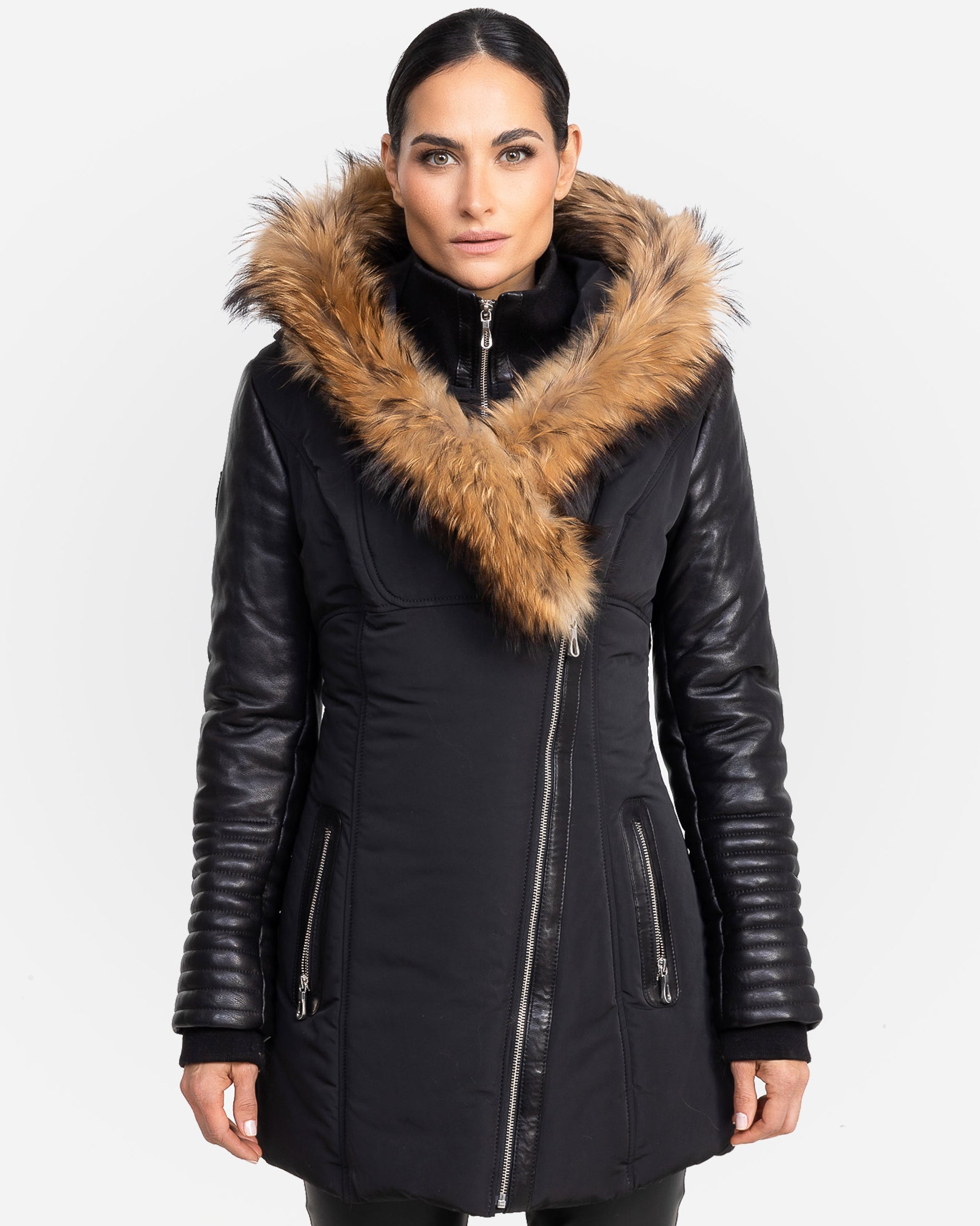 Melania - Natural Fur Down Puffer with Leather Sleeves