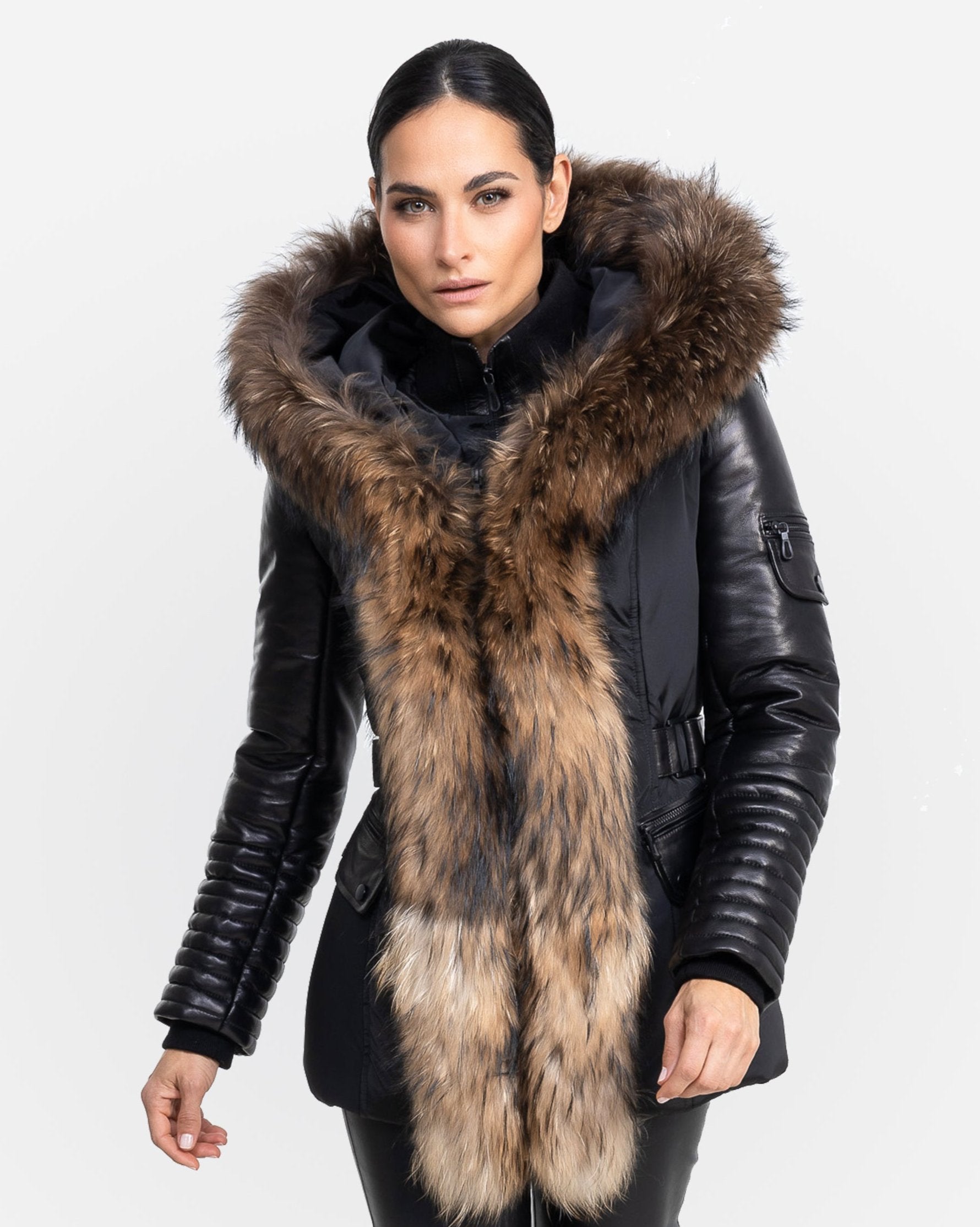 Veste Kim à manches en cuir avec fourrure naturelle