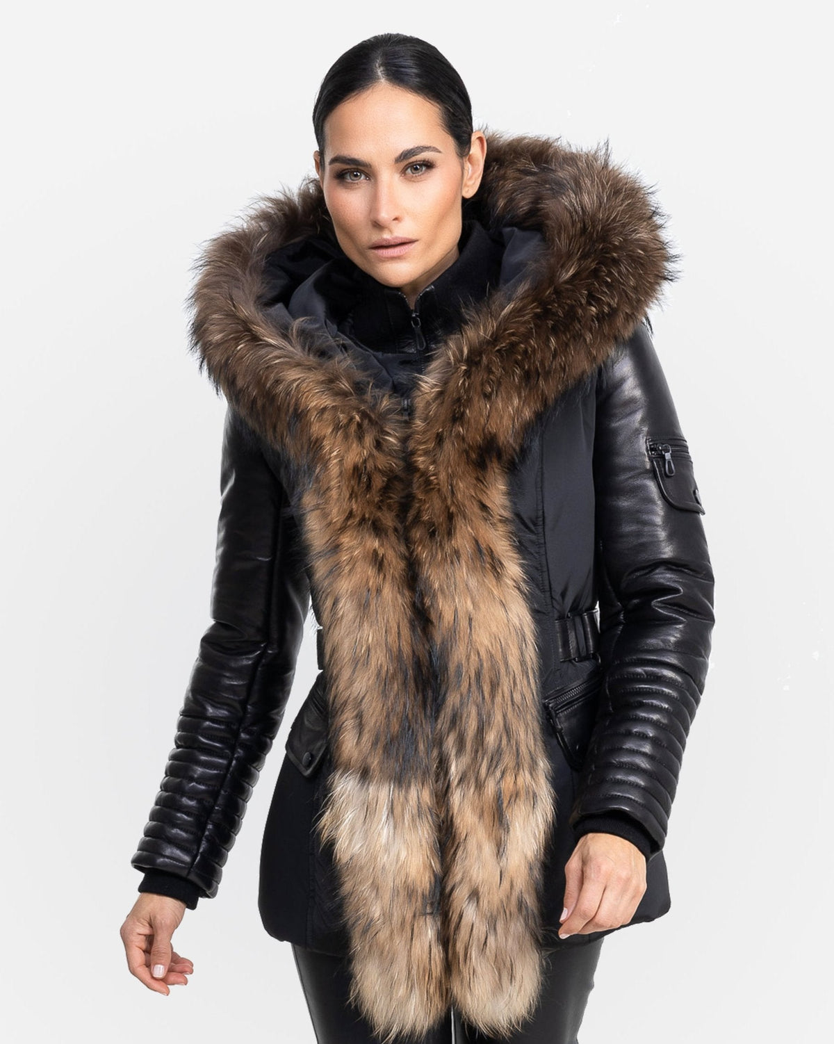 Veste Moderne En Cuir Véritable Avec Fourrure Véritable - Marque Luciano Collection, Couleur Bleu - Neuf Sans étiquettes