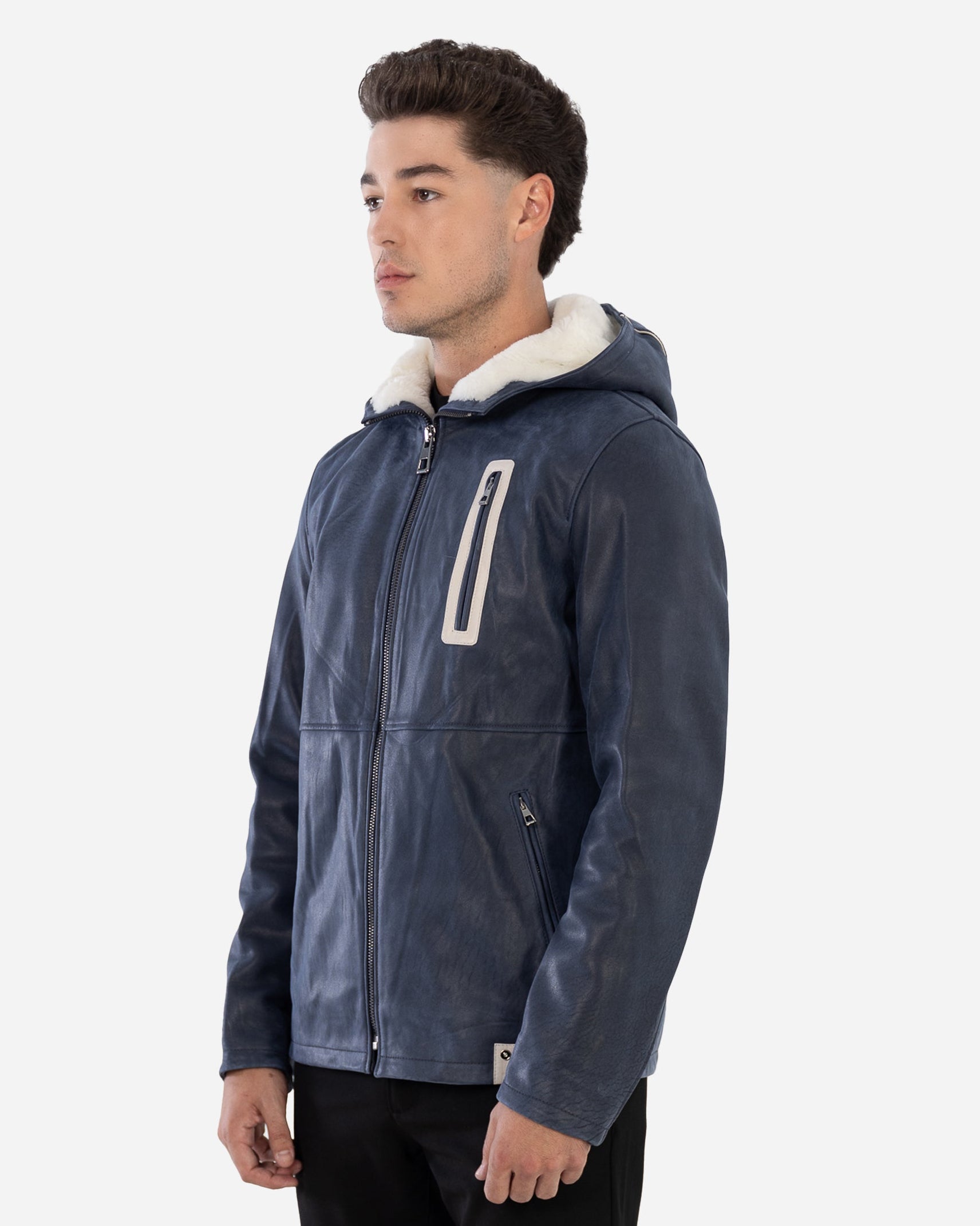 Philippe Leather Jacket - Contrast white shearling hood lining
