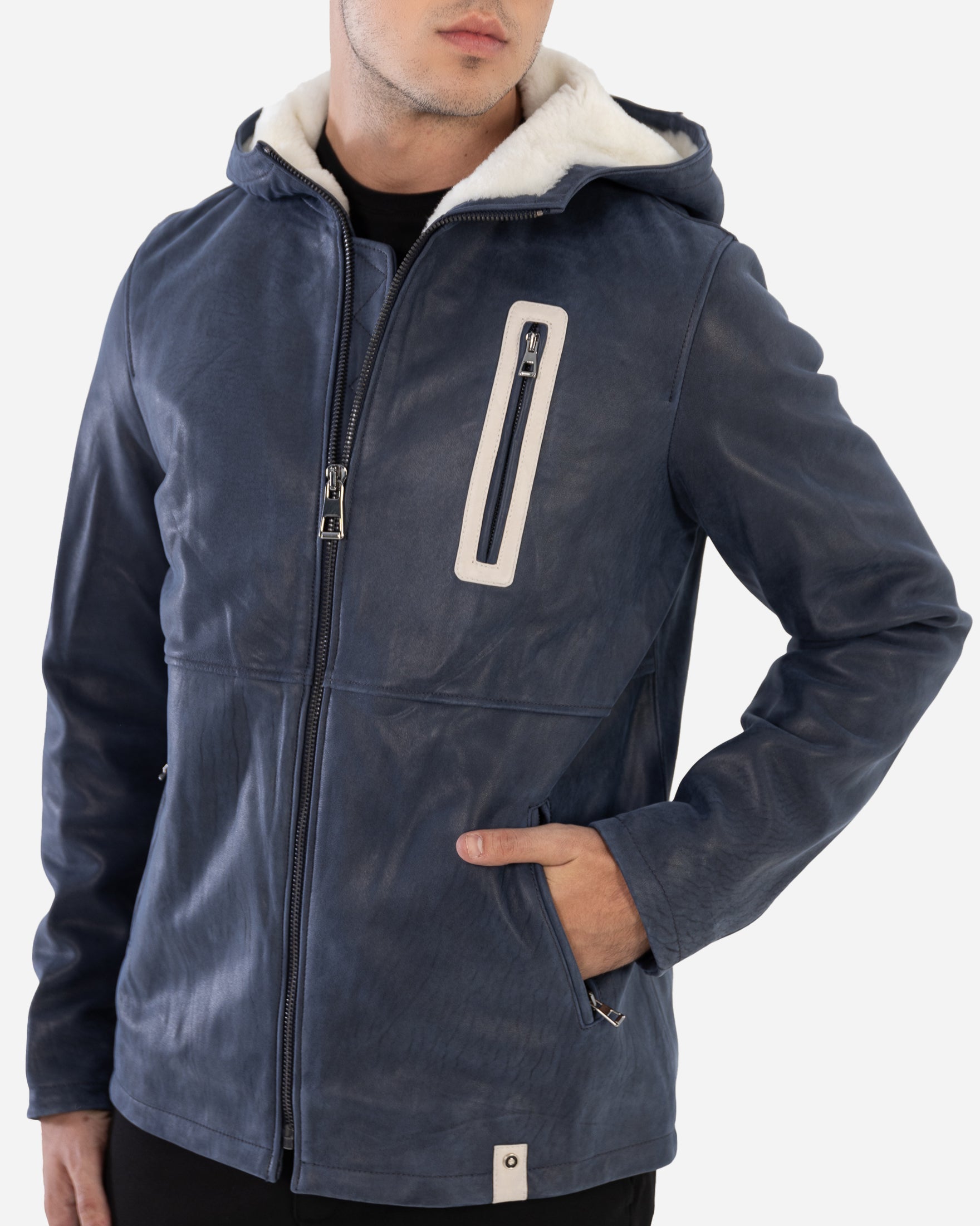 Veste en cuir Philippe - Doublure de capuche en peau lainée blanche contrastée