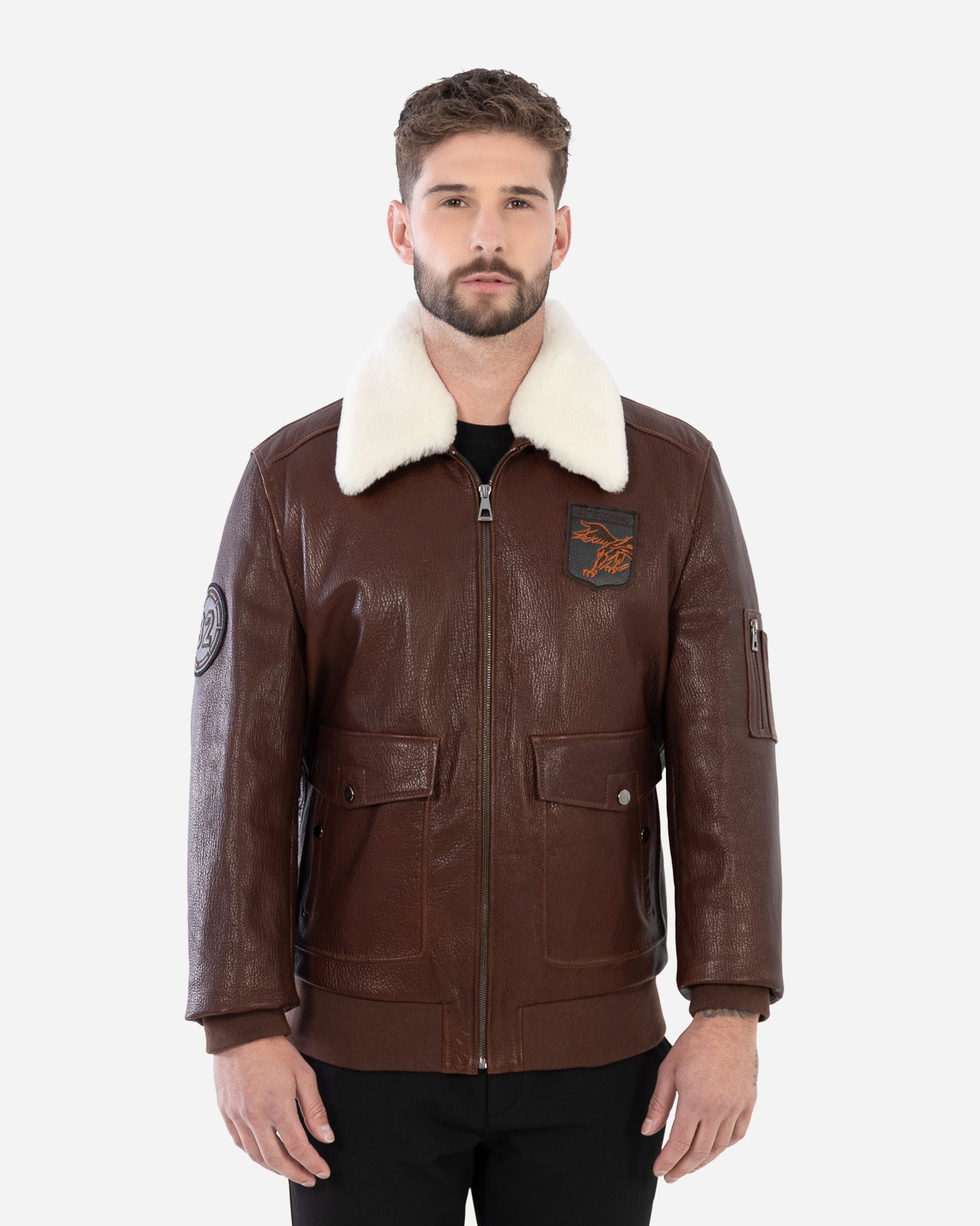 SANDRO BOMBER JACKET IN GRAINED LEATHER AND SHEARLING