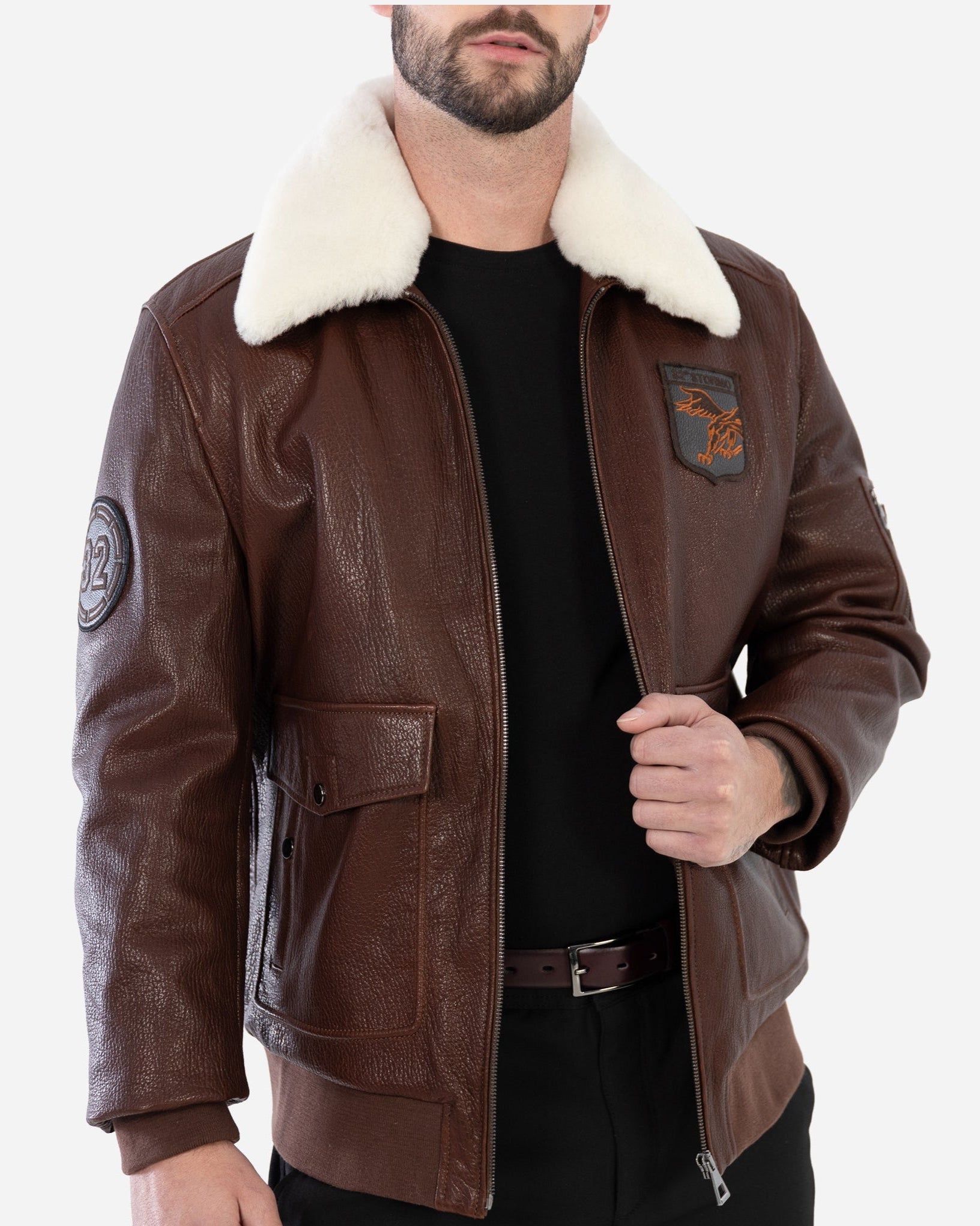 SANDRO BOMBER JACKET IN GRAINED LEATHER AND SHEARLING