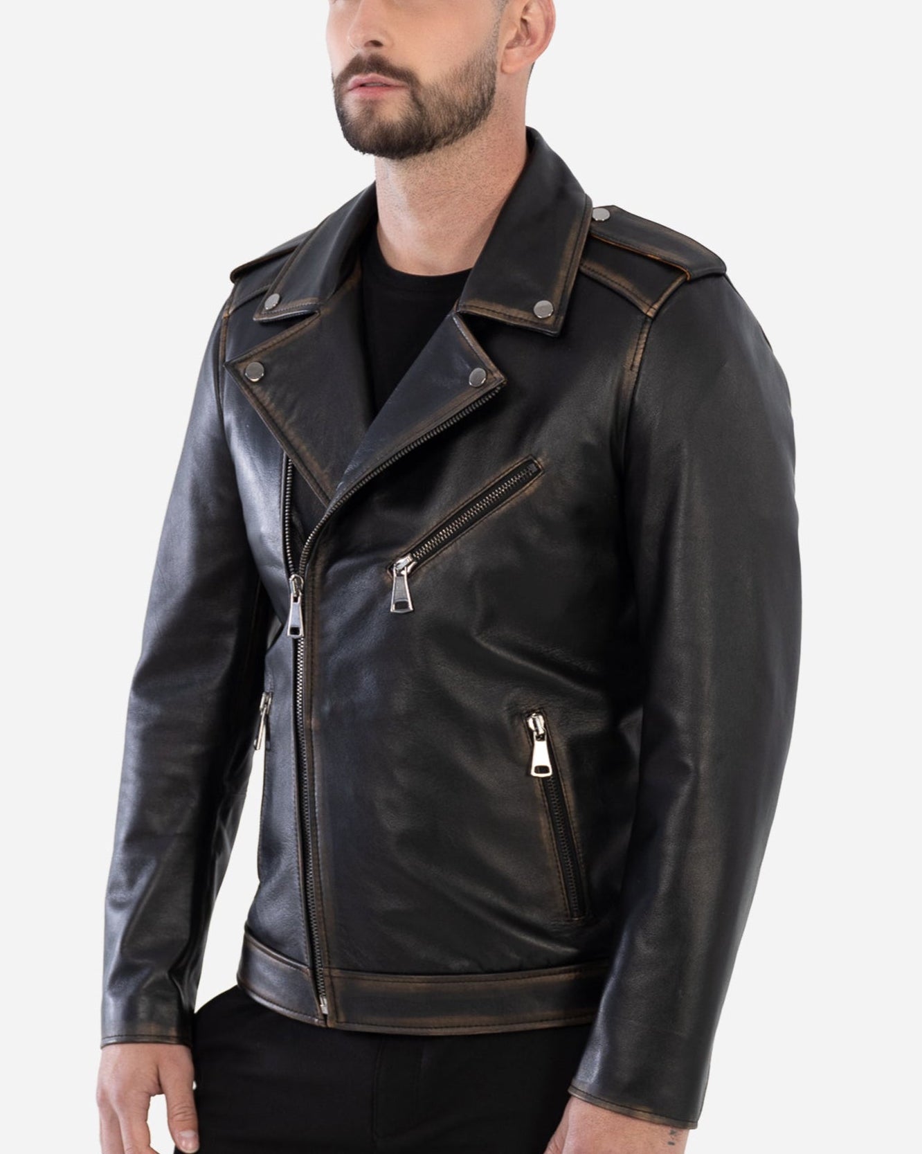 VESTE DE MOTARD EN CUIR D'AGNEAU GRAINÉ VINTAGE