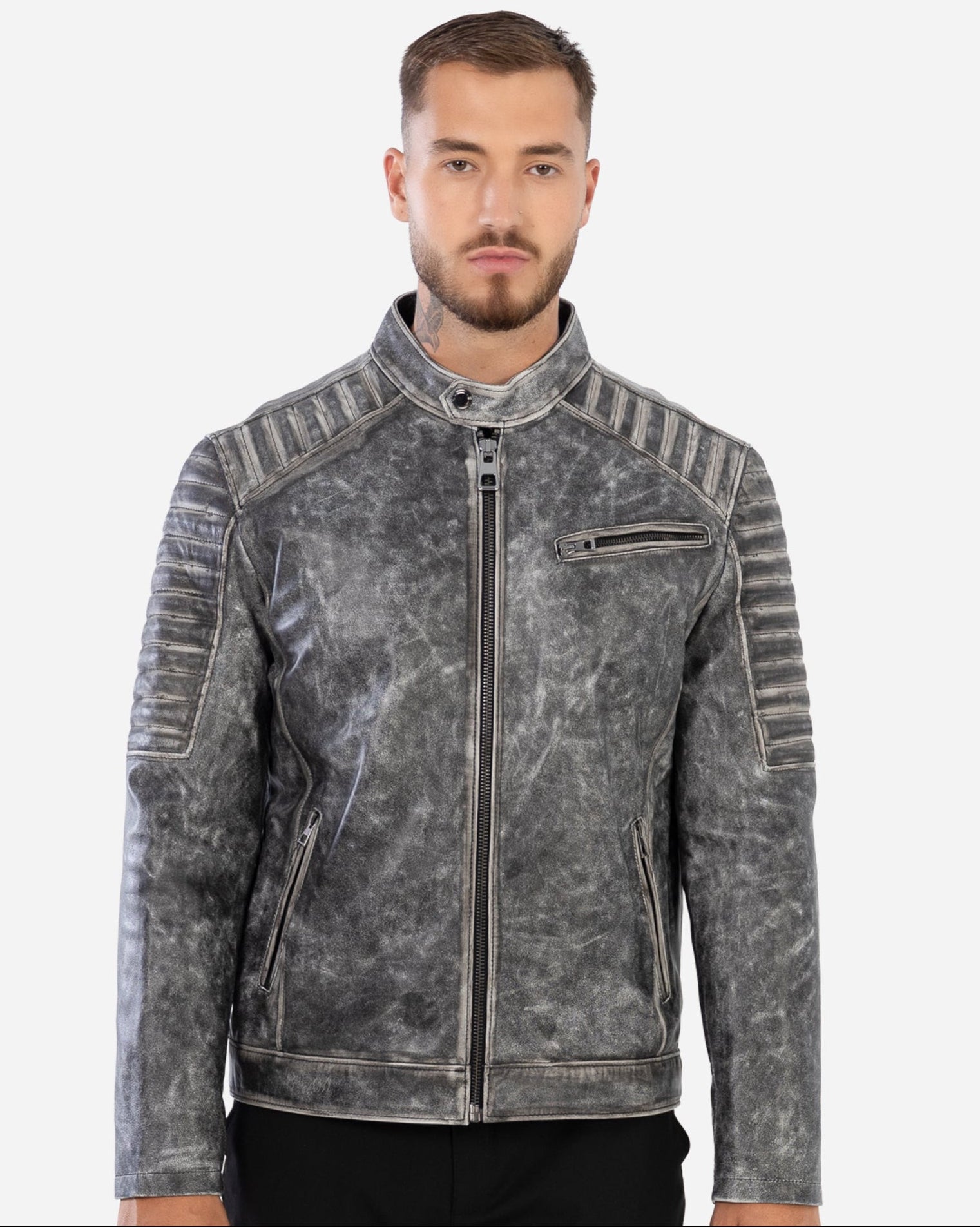 Veste motard Kai en cuir d'agneau grainé vintage