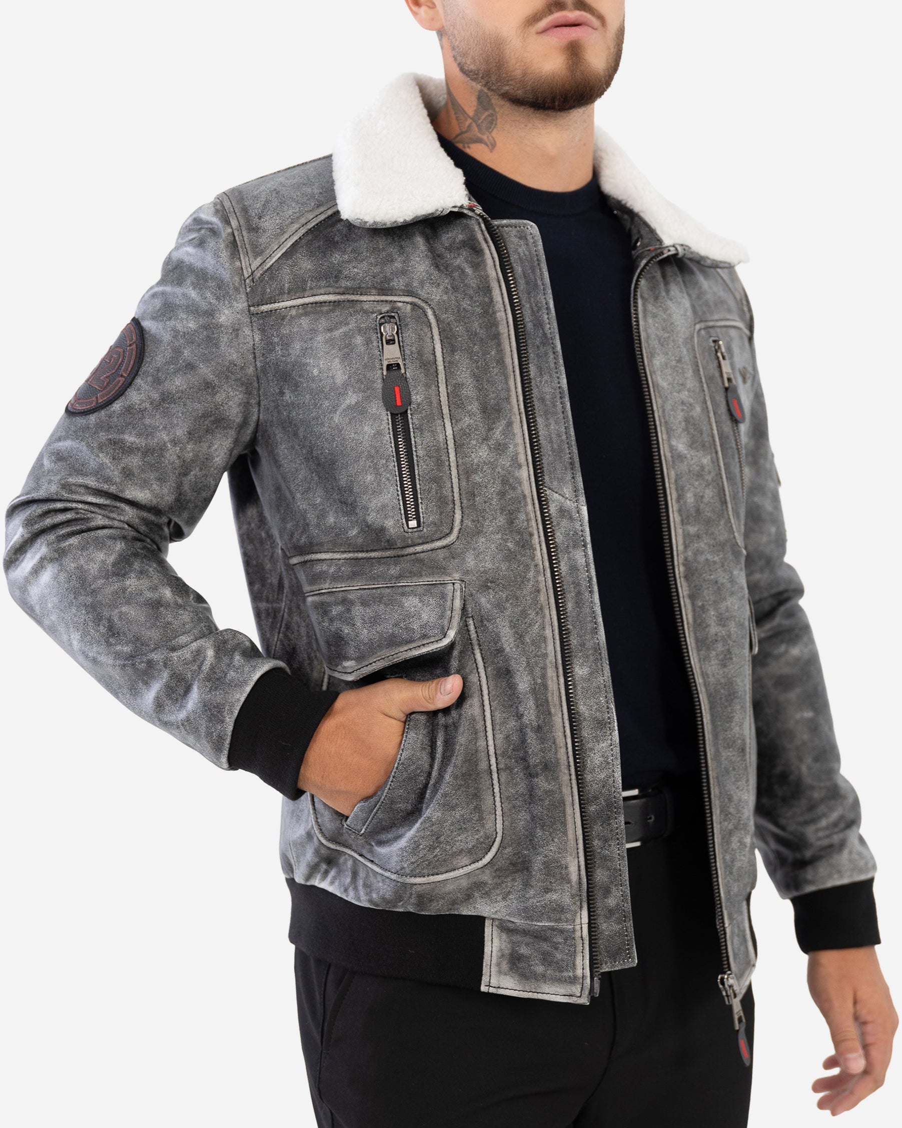 KYLAN BOMBER JACKET IN GRAINED LEATHER AND SHEARLING