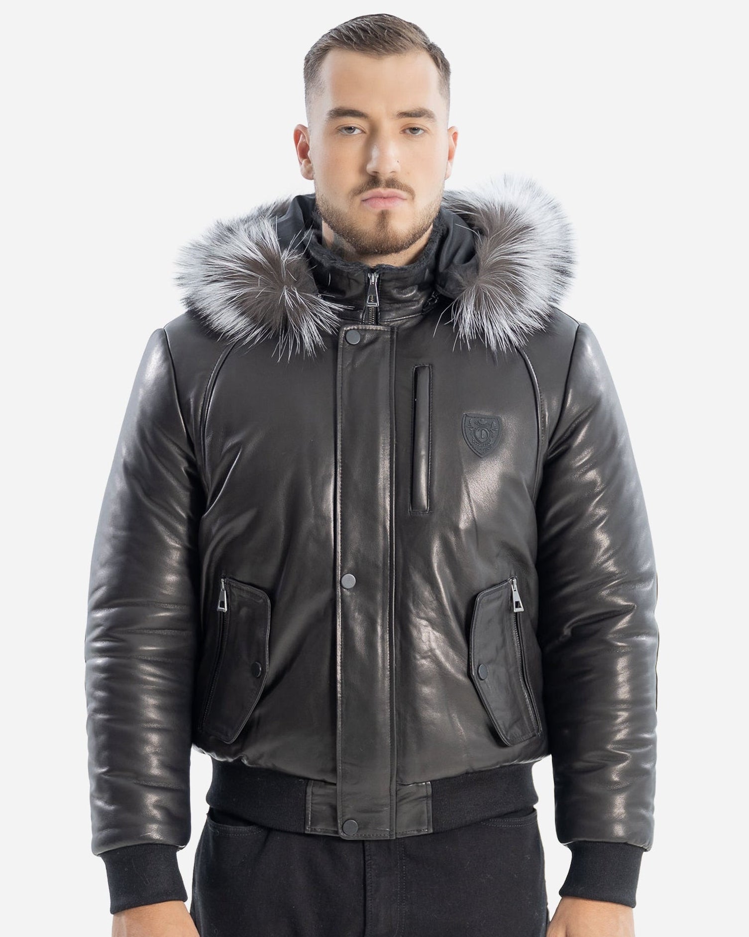 Veste d'hiver Victor pour homme avec manches en cuir et renard argenté