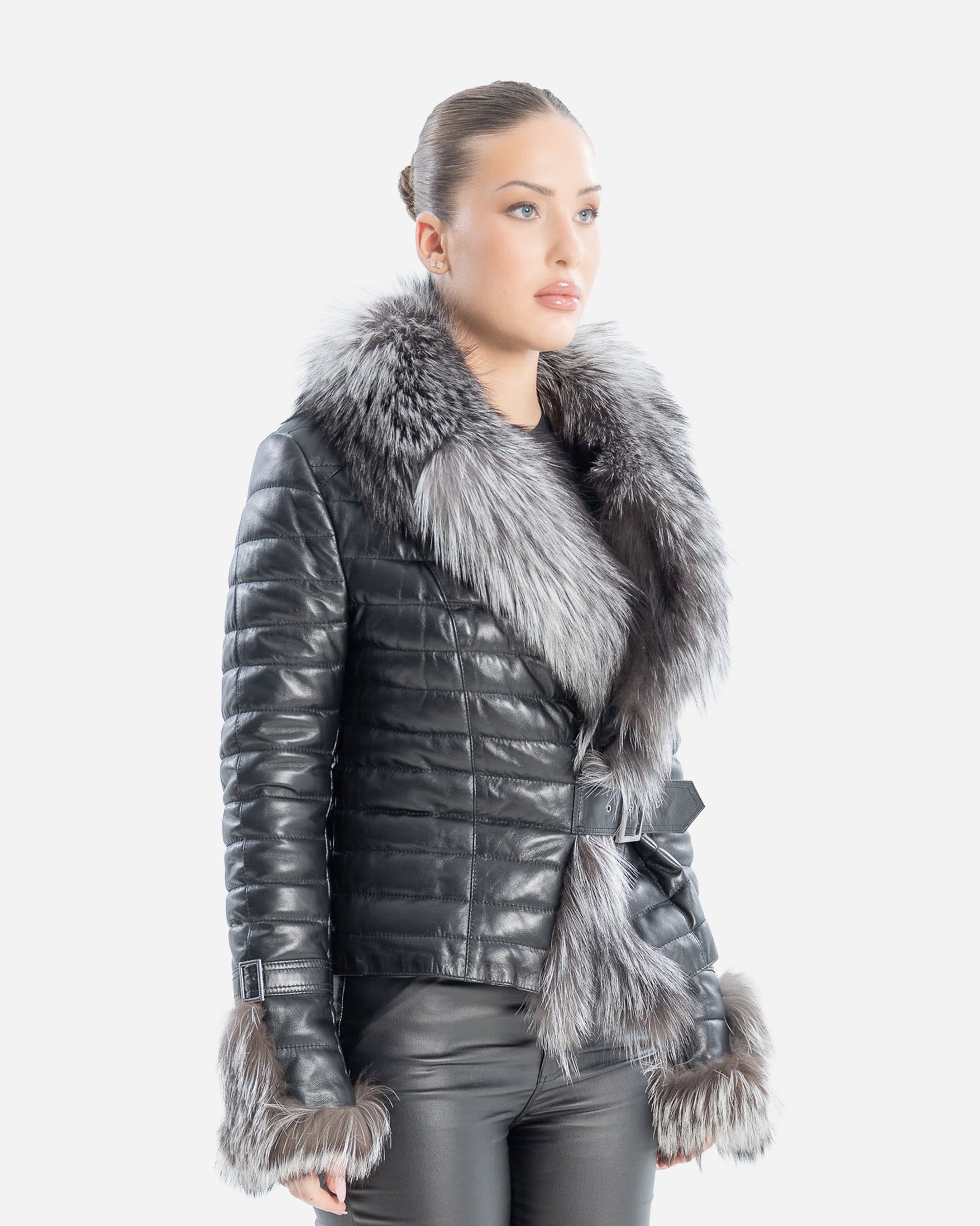 Gianna Women's Leather Coat with Silver Fox Fur