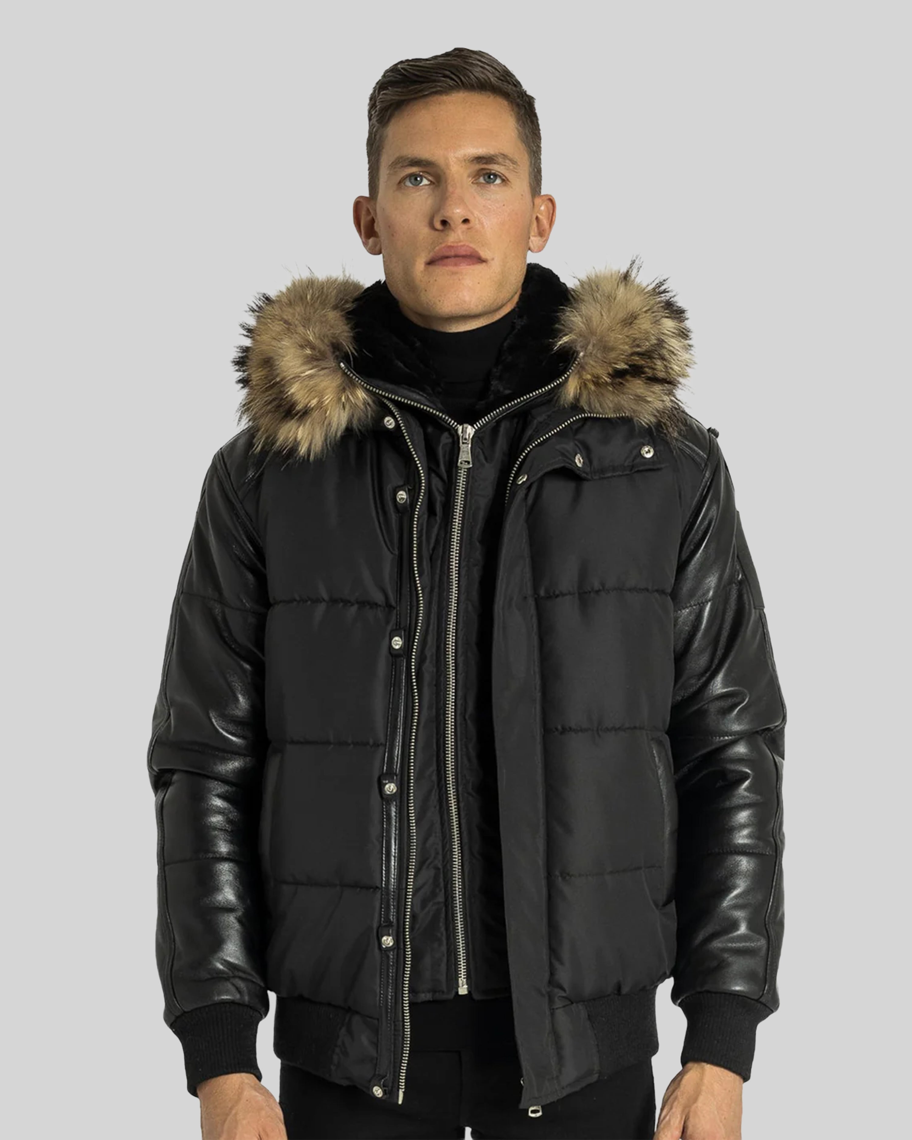 Lorenzo Down Bomber With Leather Sleeves