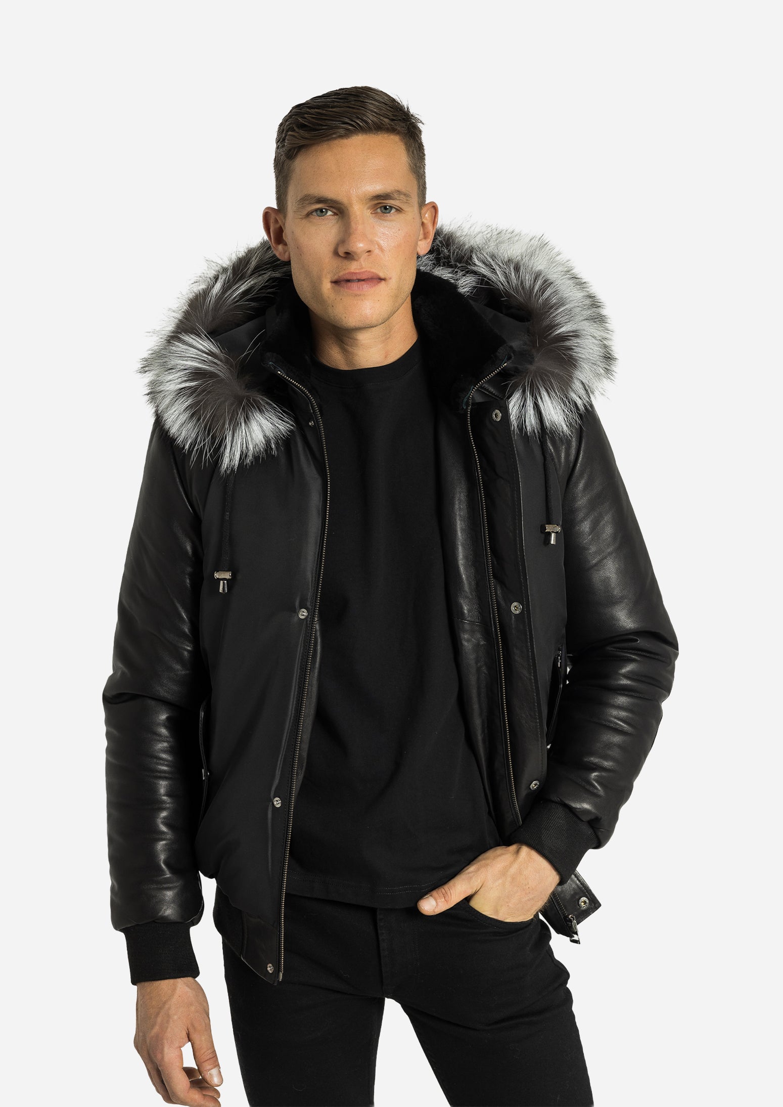 Victor Men's Winter Jacket Leather Sleeves With Silver Fox