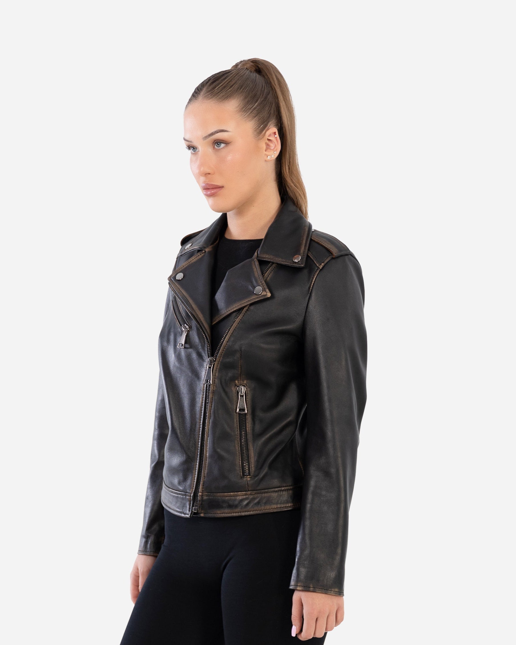 Thalia Vintage Leather Jacket with distressed finish