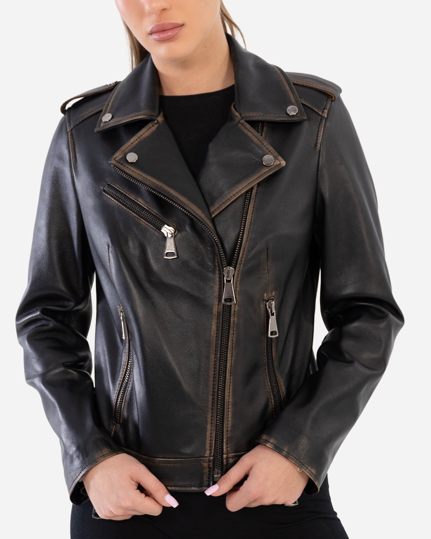 Veste en cuir vintage Thalia avec finition vieillie