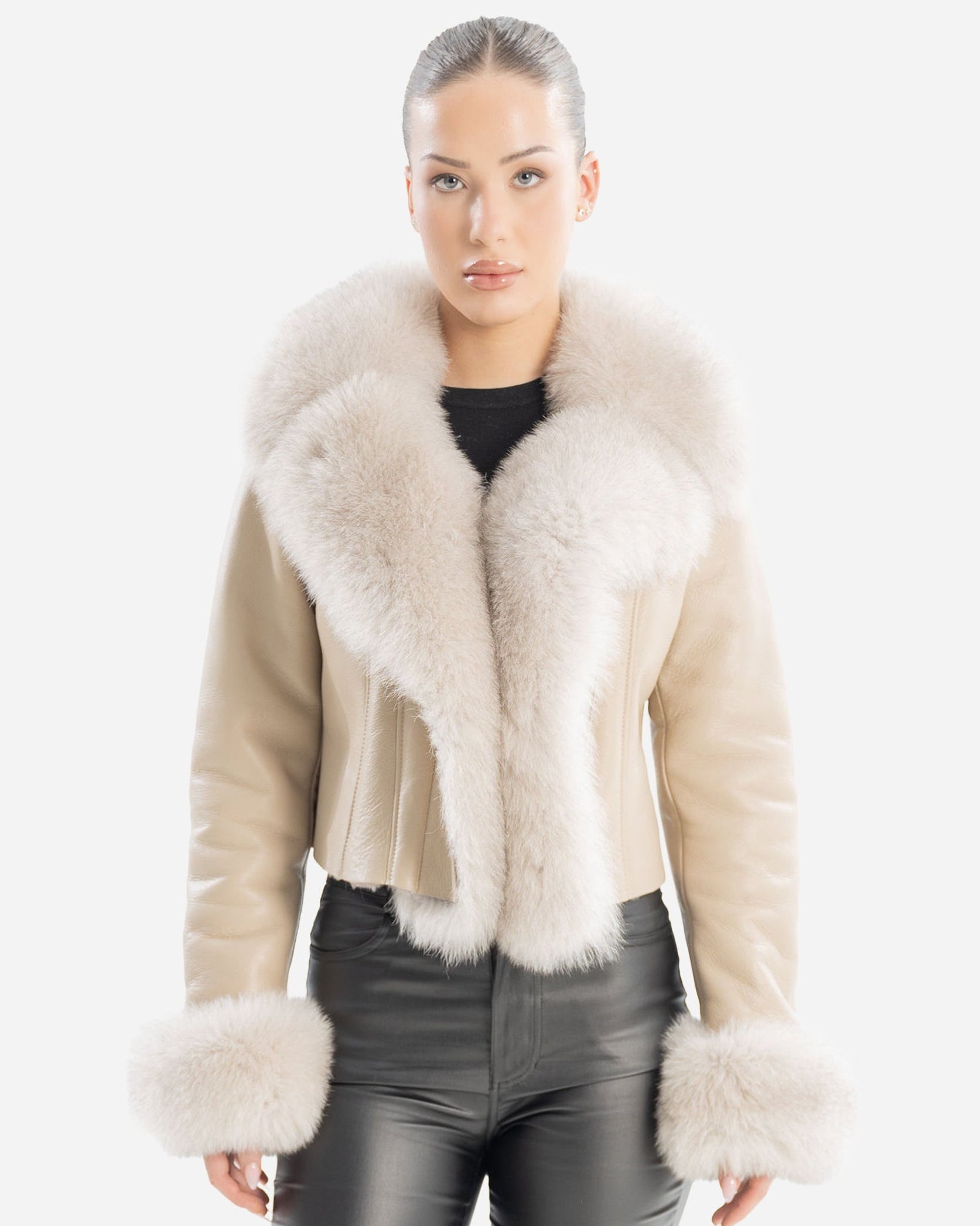 QUINN BEIGE SHEARLING JACKET WITH FOX COLLAR