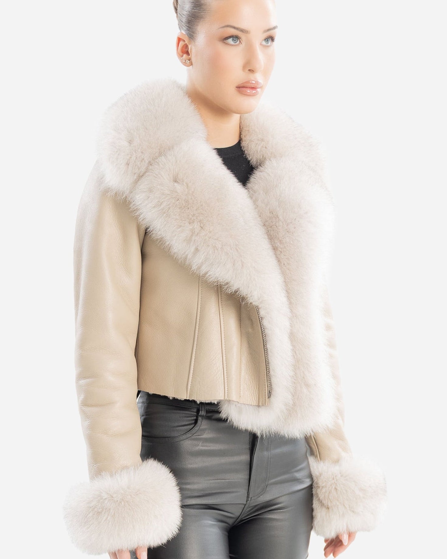 QUINN BEIGE SHEARLING JACKET WITH FOX COLLAR