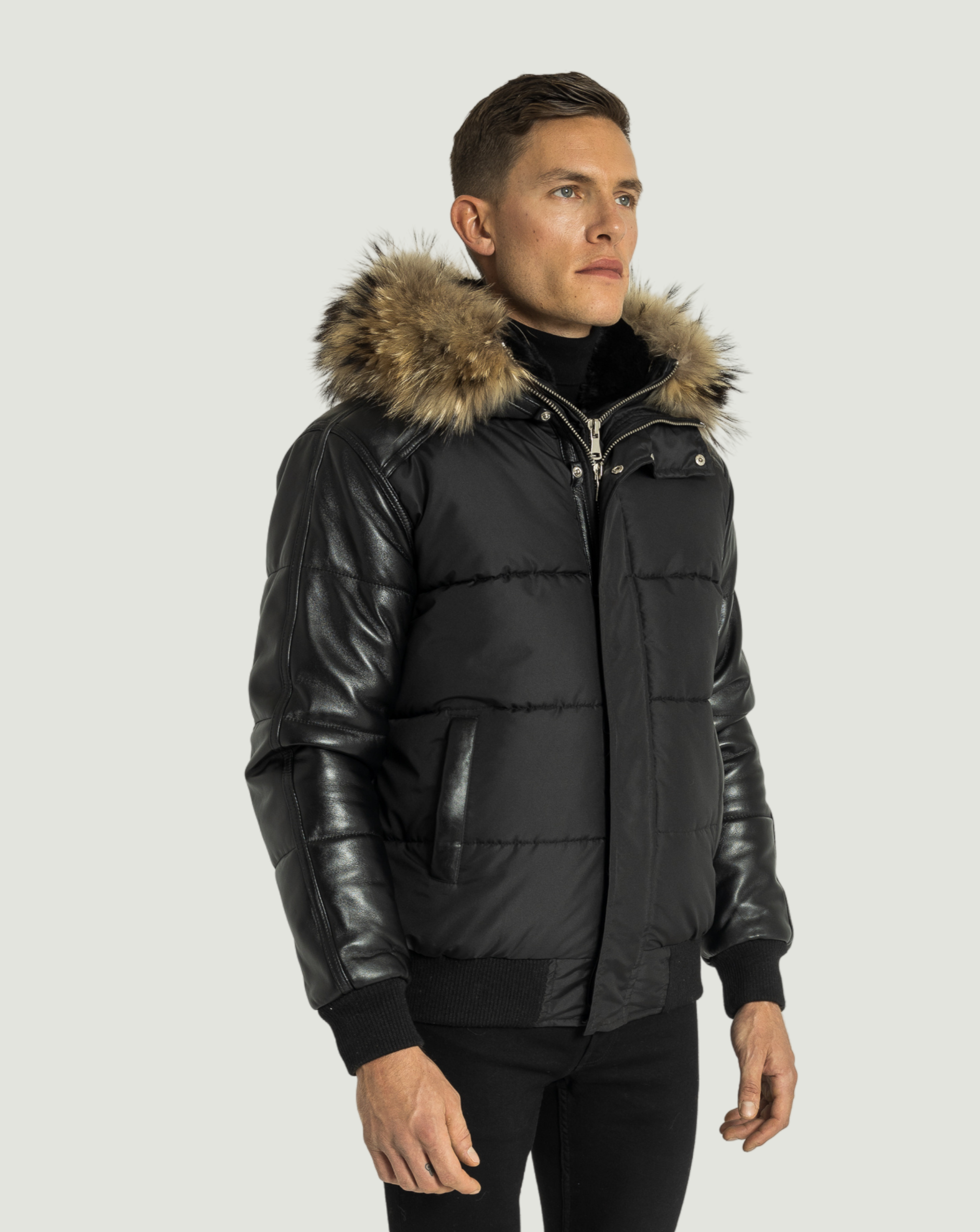 Lorenzo Down Bomber With Leather Sleeves