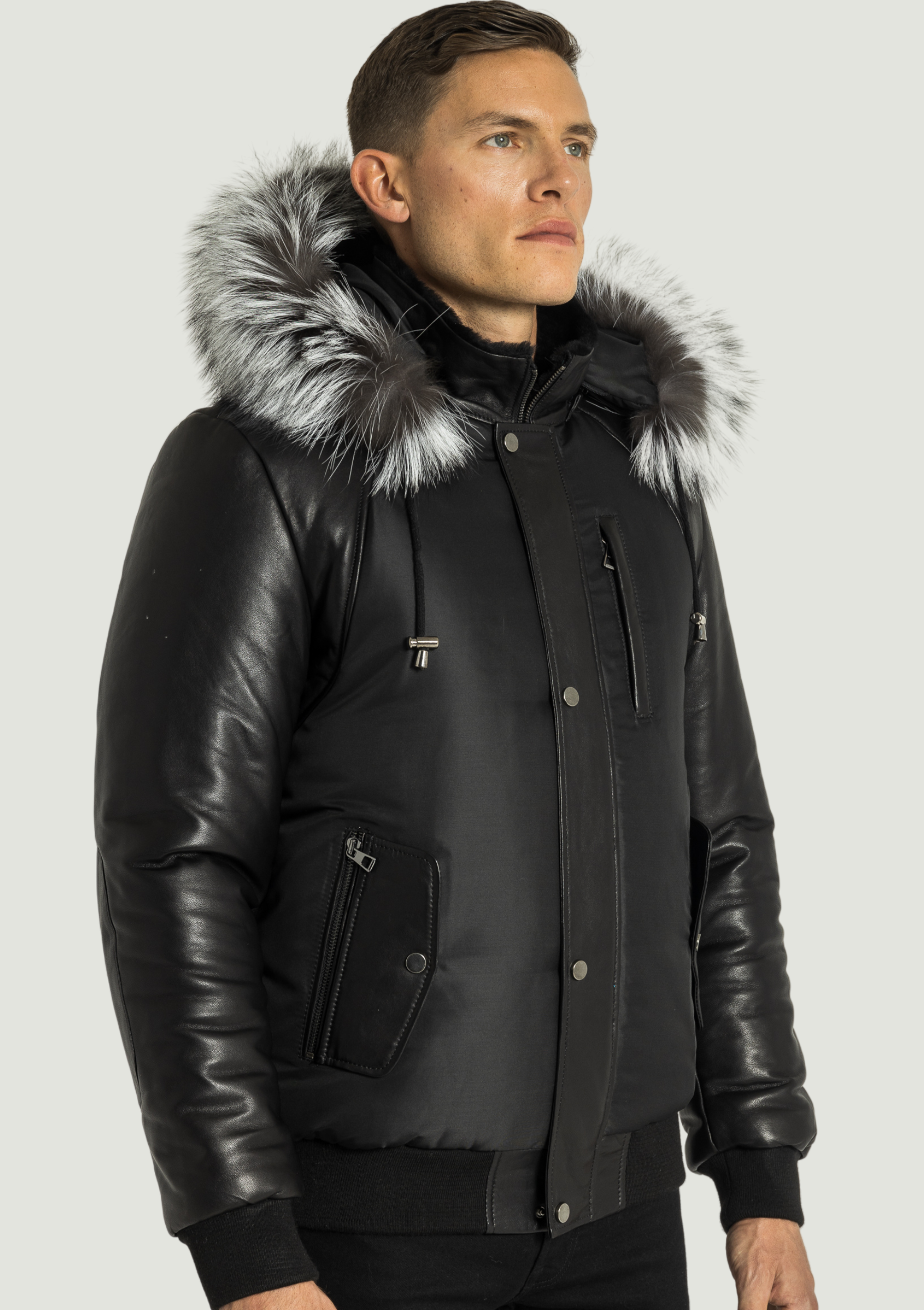 Veste d'hiver Victor pour homme avec manches en cuir et renard argenté