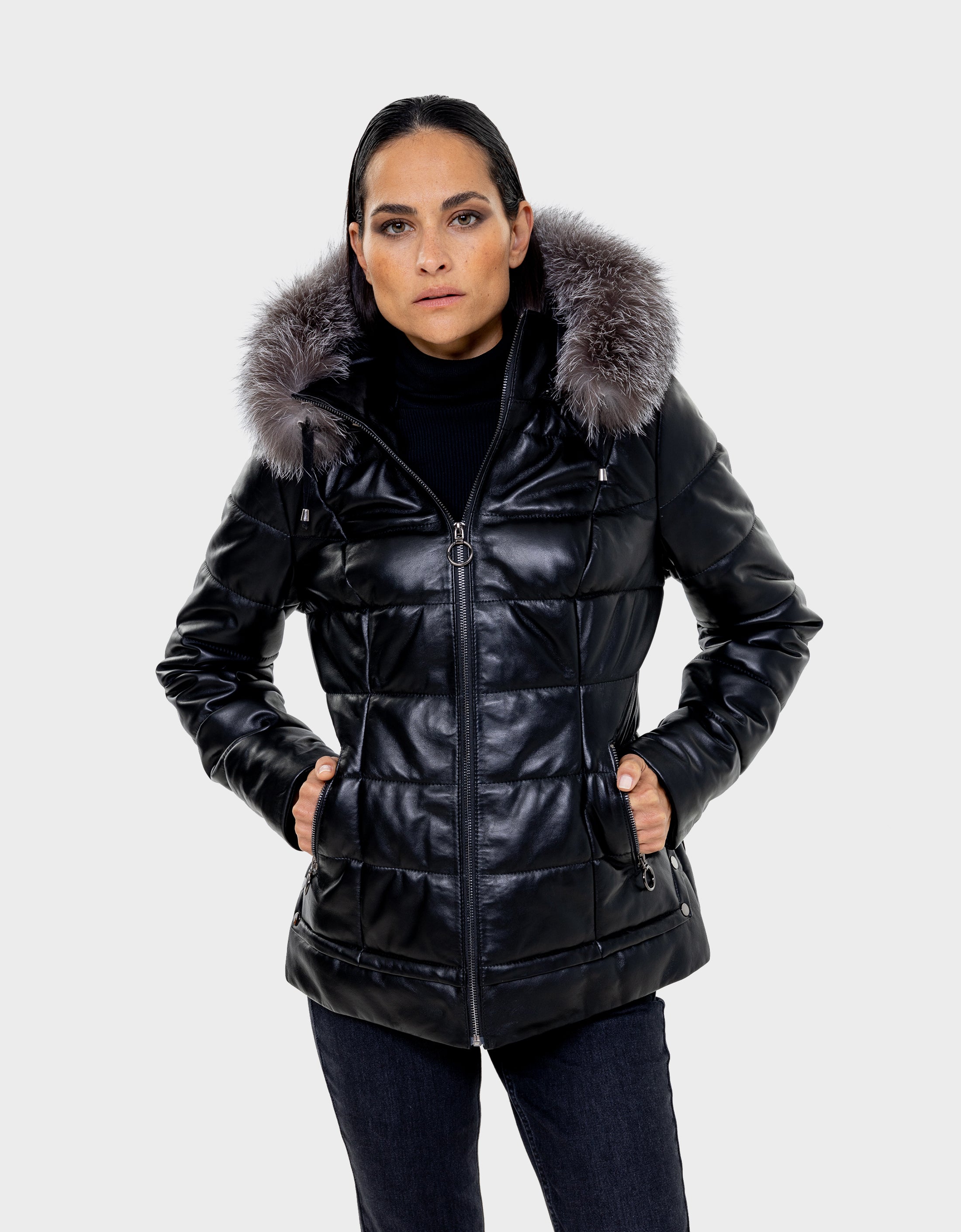 Manteau en cuir et duvet pour femme Lyanna avec fourrure amovible