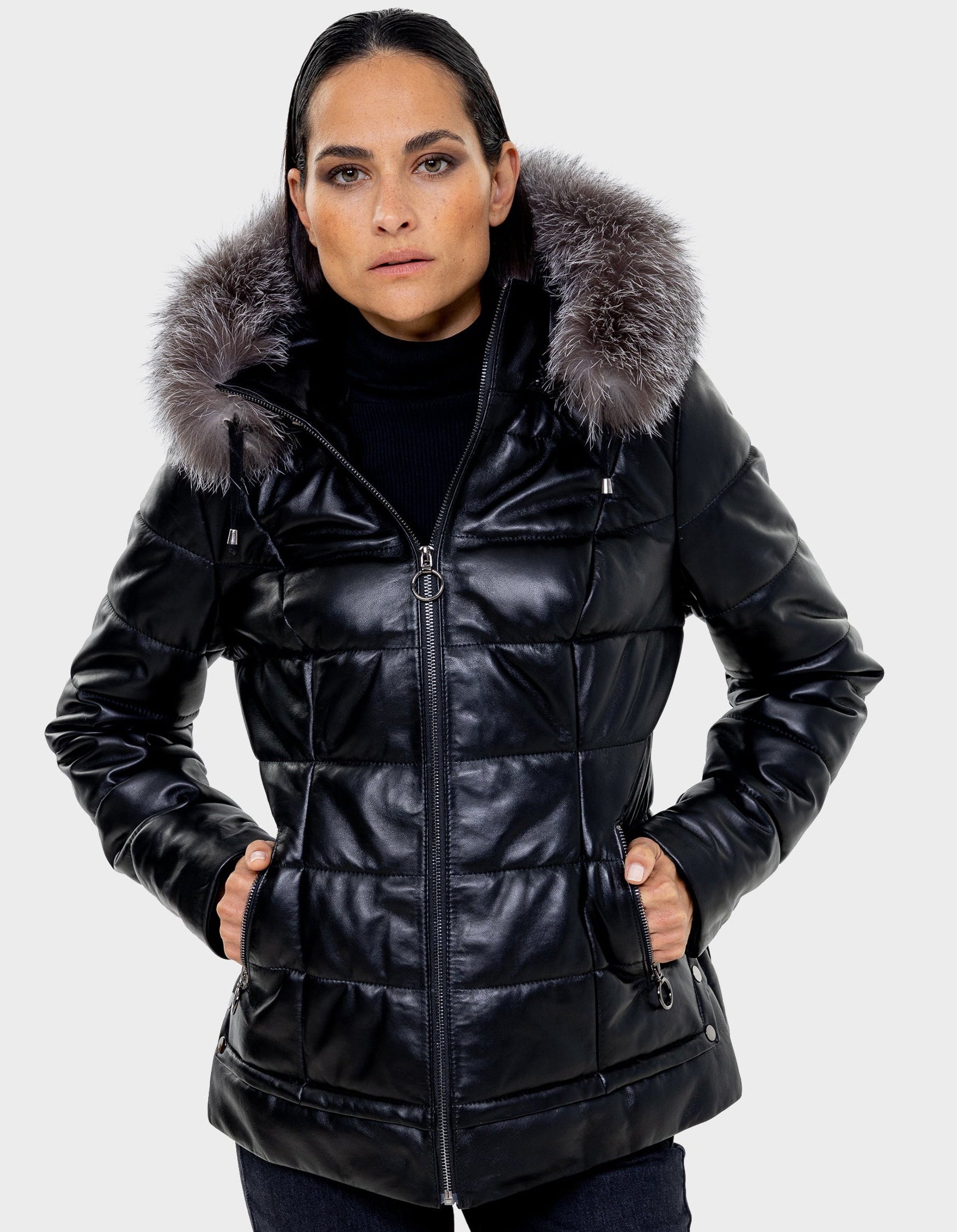 Lyanna Women's Leather Down Coat with Removable Fur