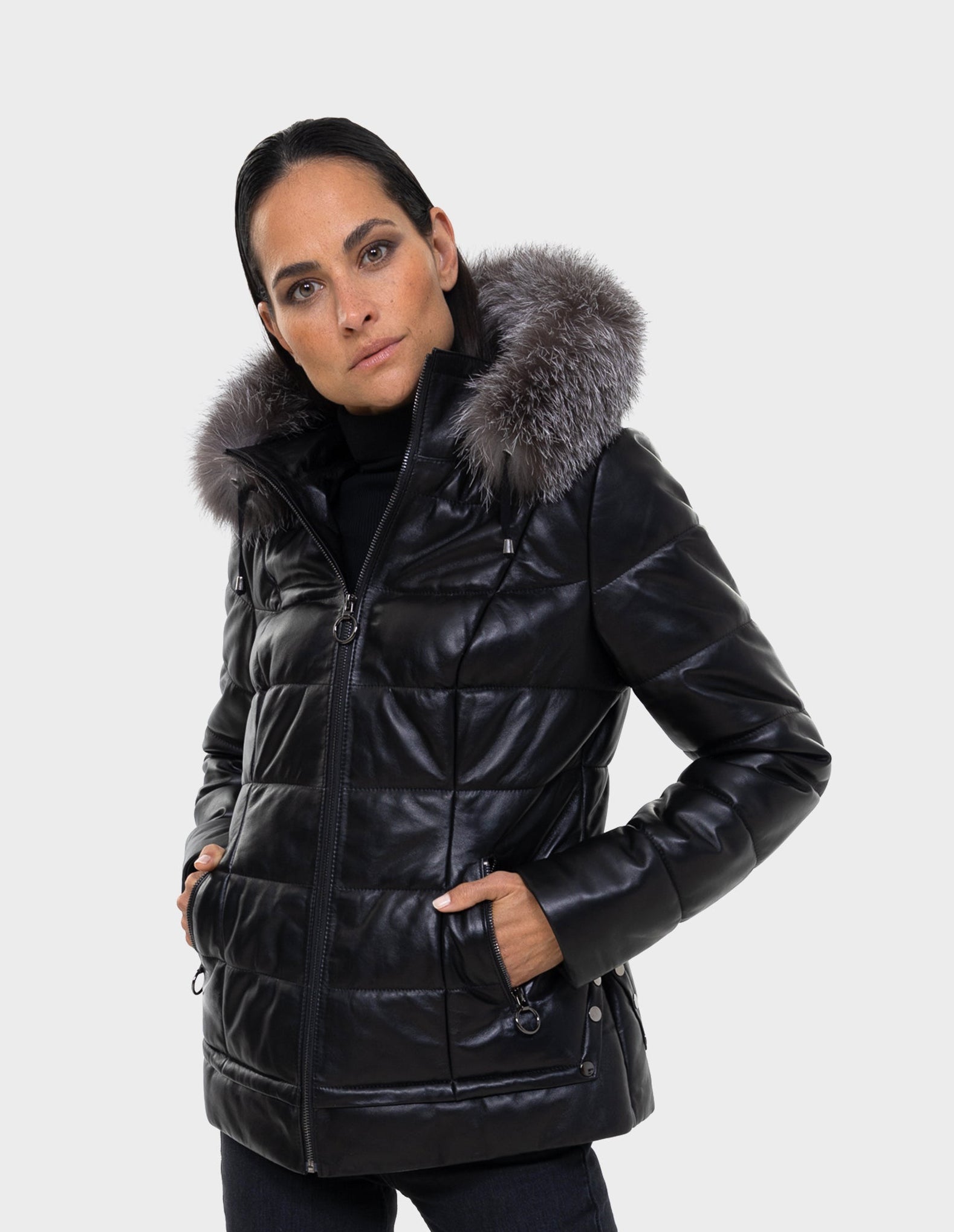Lyanna Women's Leather Down Coat with Removable Fur