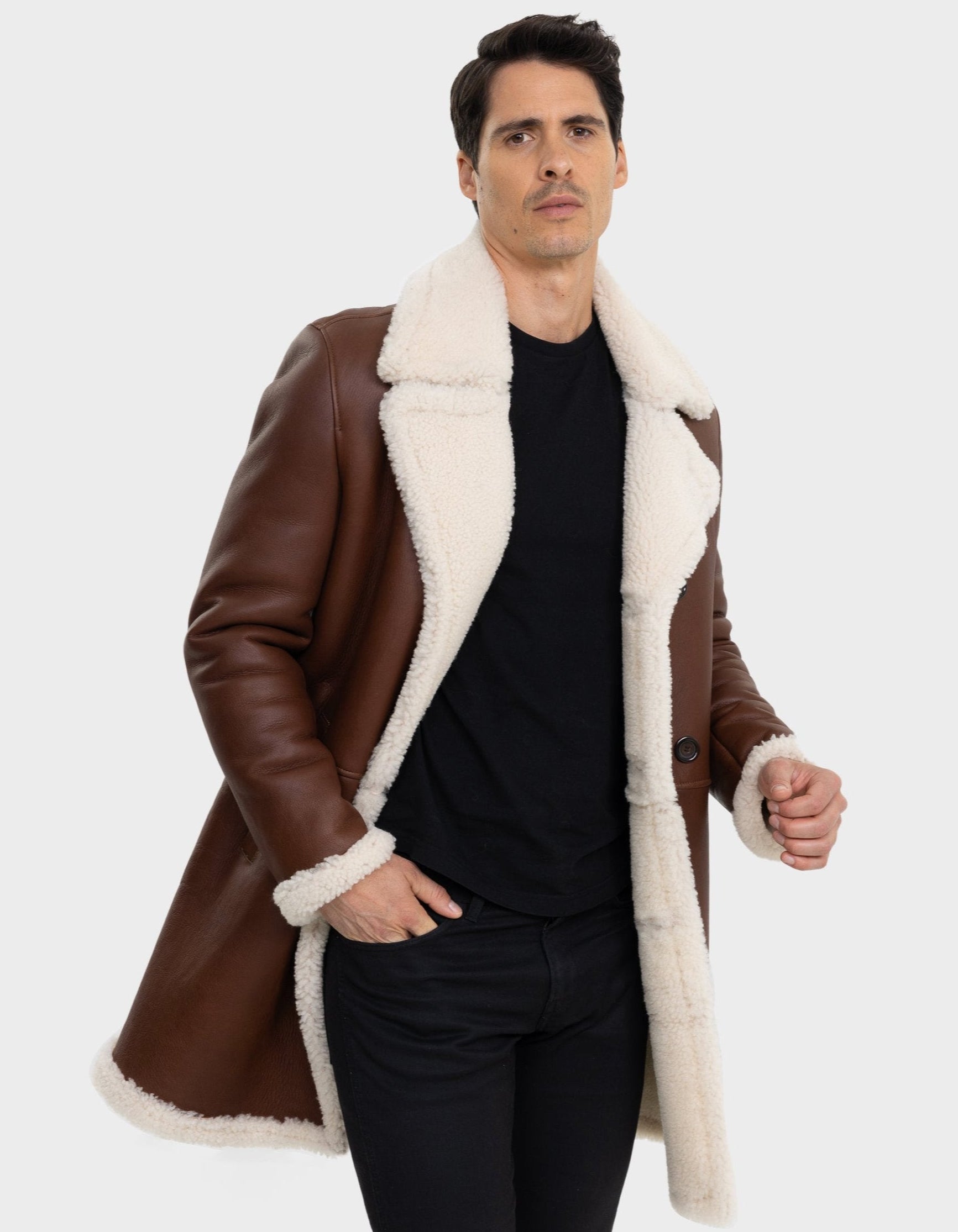 Nick Mens Genuine Shearling Trench Coat