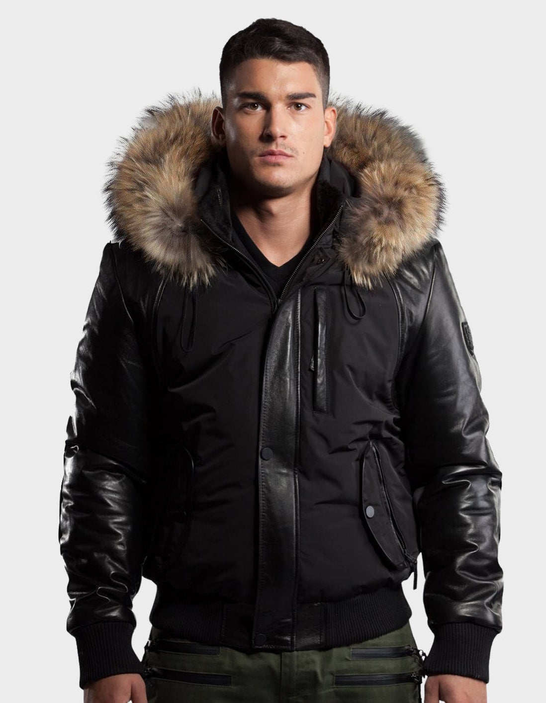Veste d'hiver Victor pour homme, manches en cuir et fourrure naturelle