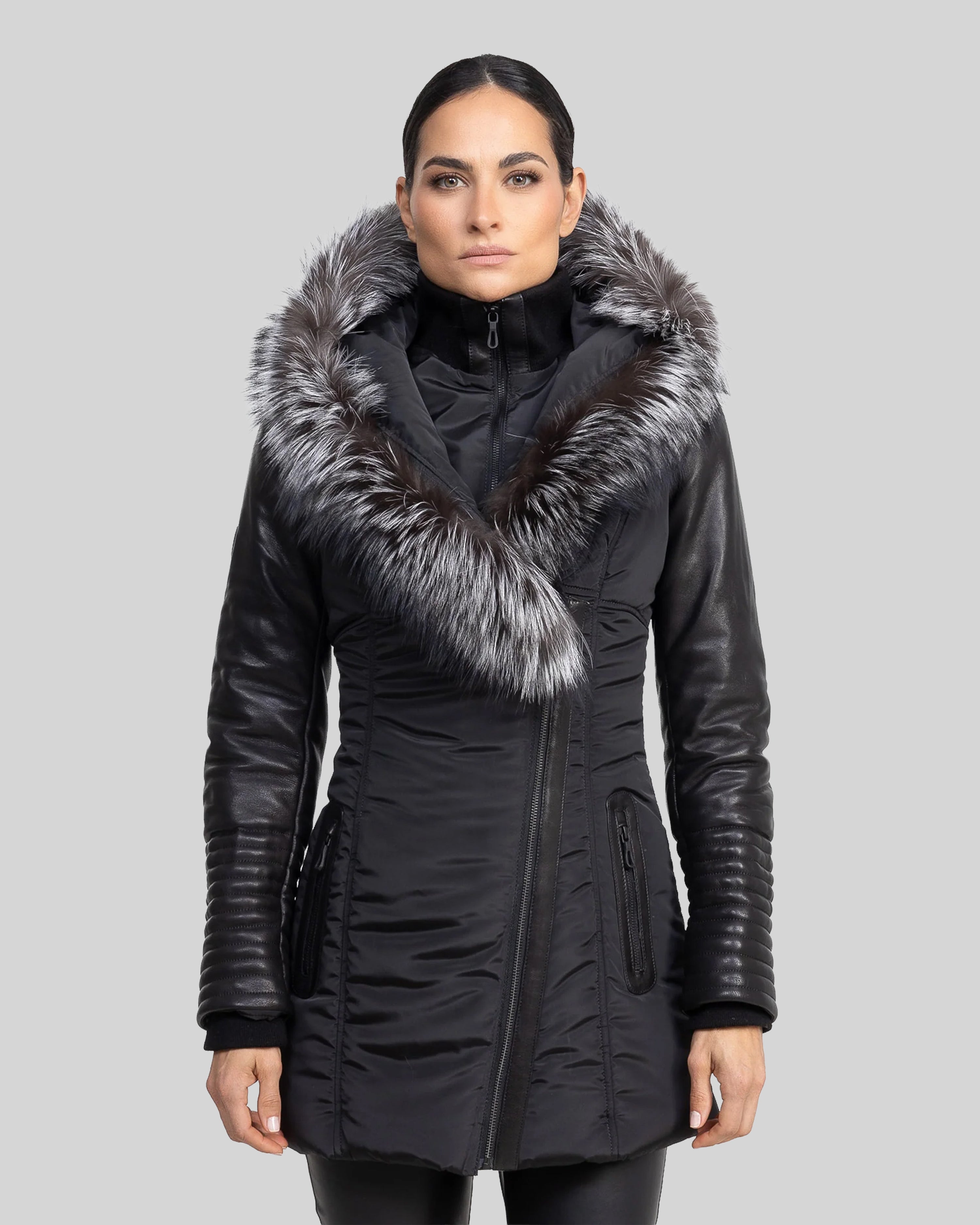 Melania - Silver Fox Puffer Jacket With Leather Sleeves