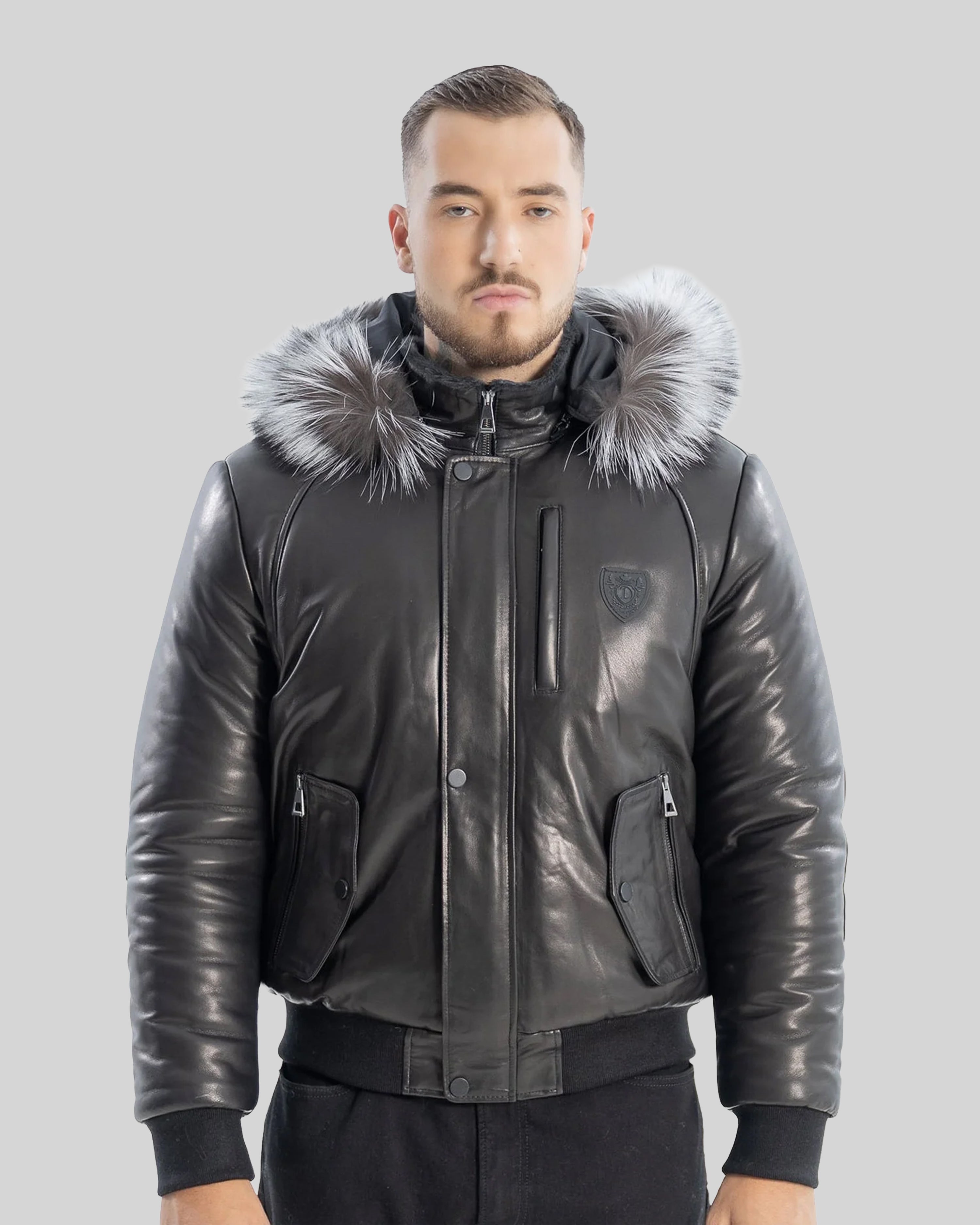 Victor Leather Bomber Jacket With Silver Fox