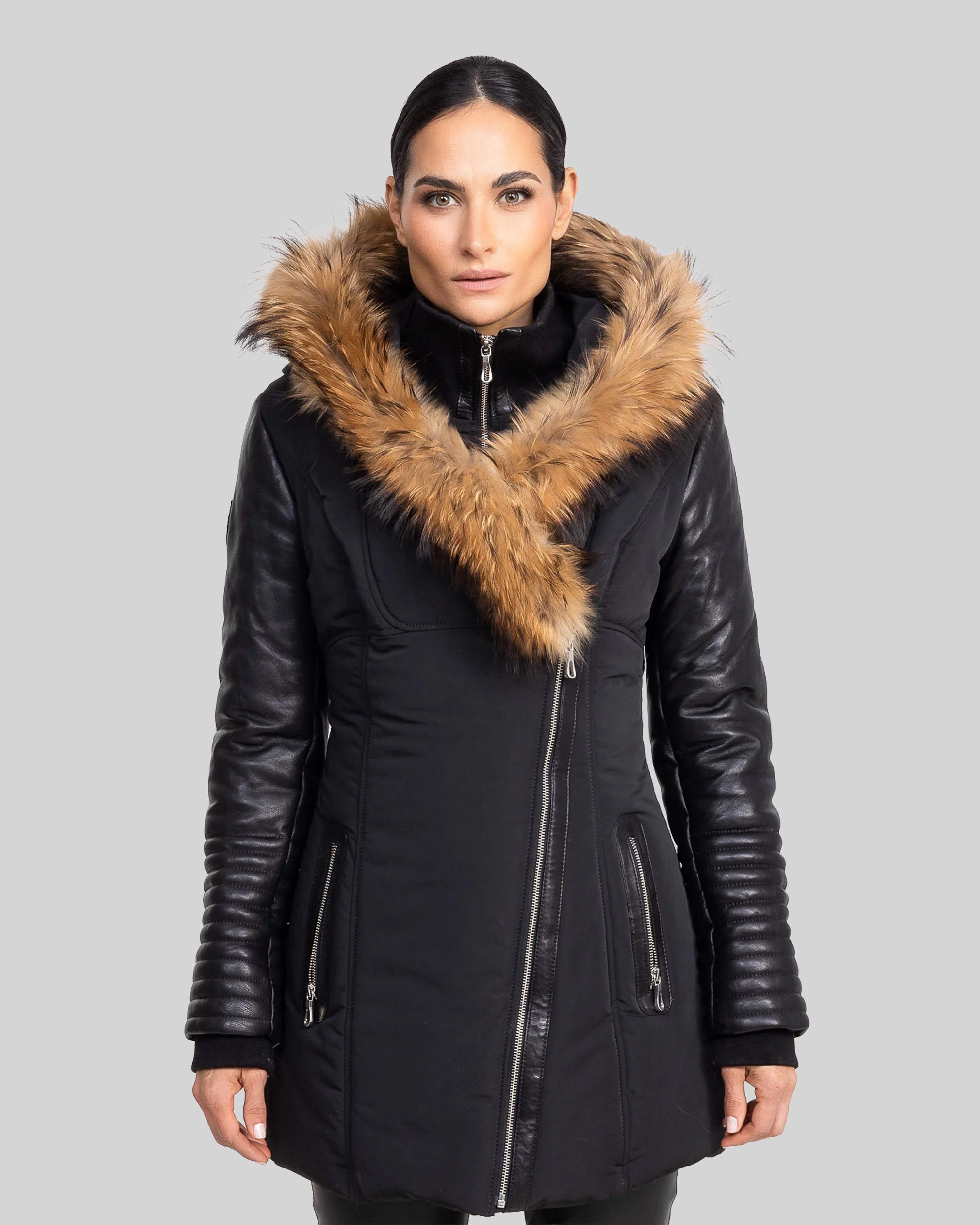 Melania - Natural Fur Down Puffer with Leather Sleeves