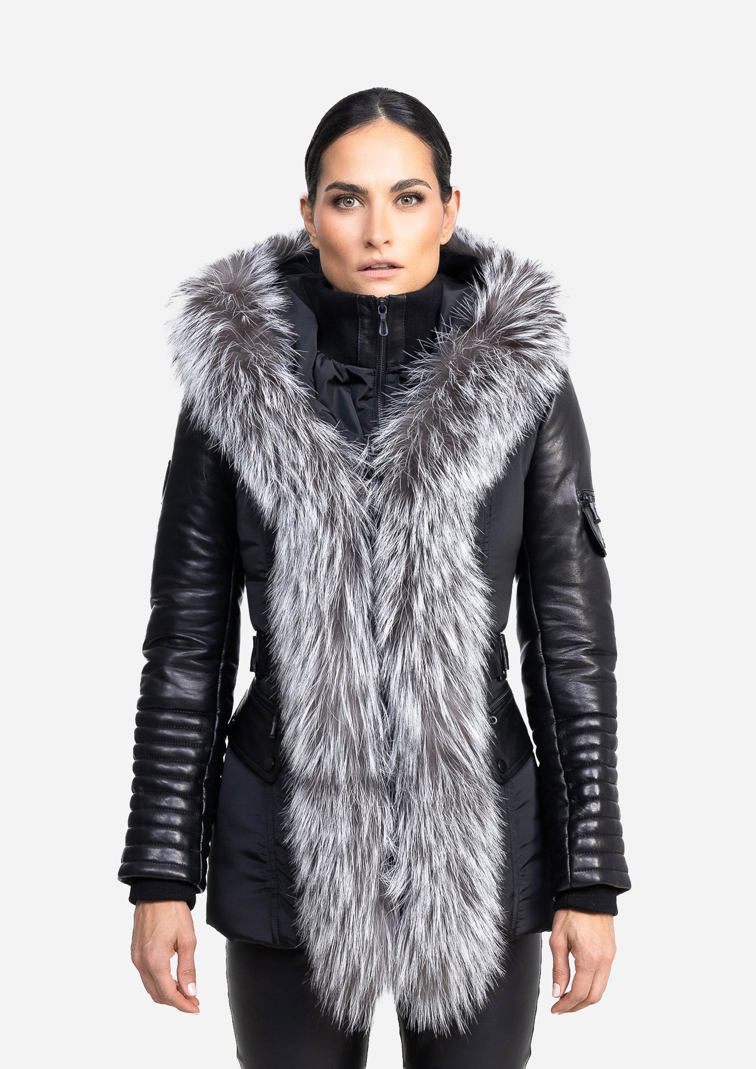 Kim Leather Sleeve Jacket with Silver Fox Fur