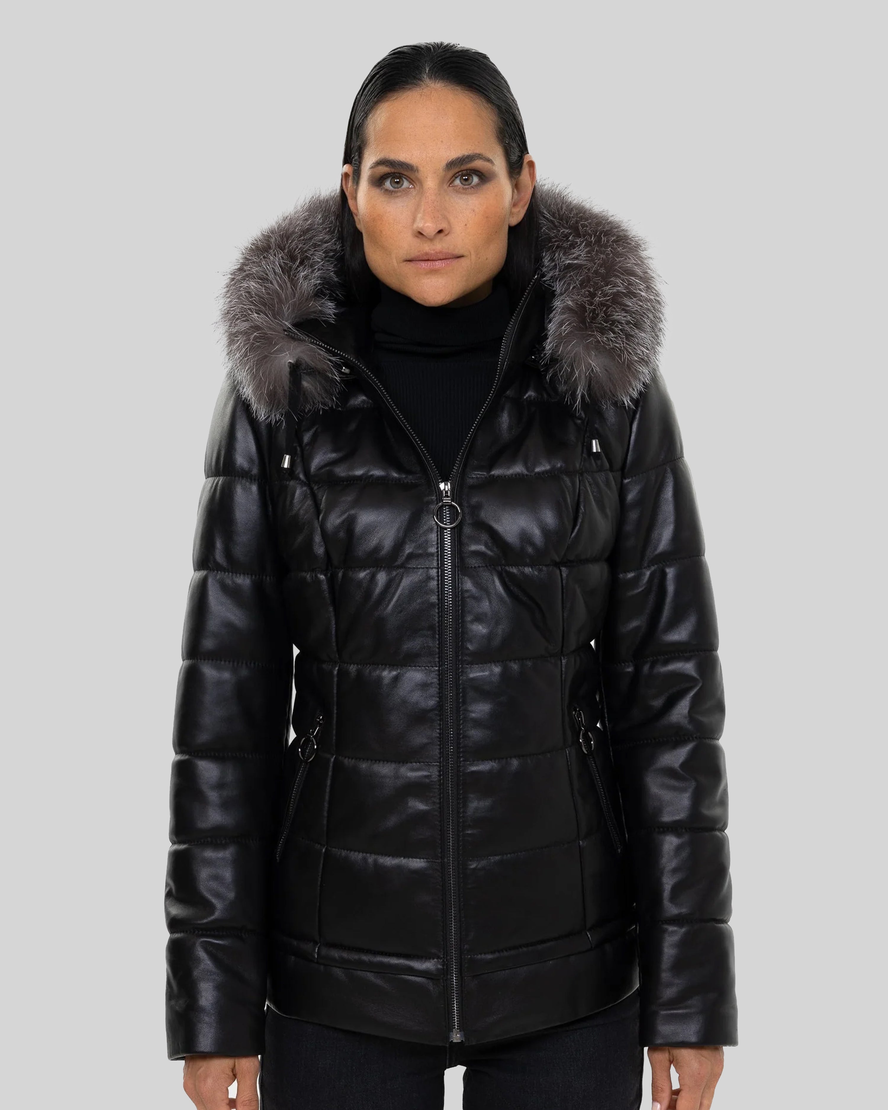Lyanna Women's Leather Down Coat with Removable Fur