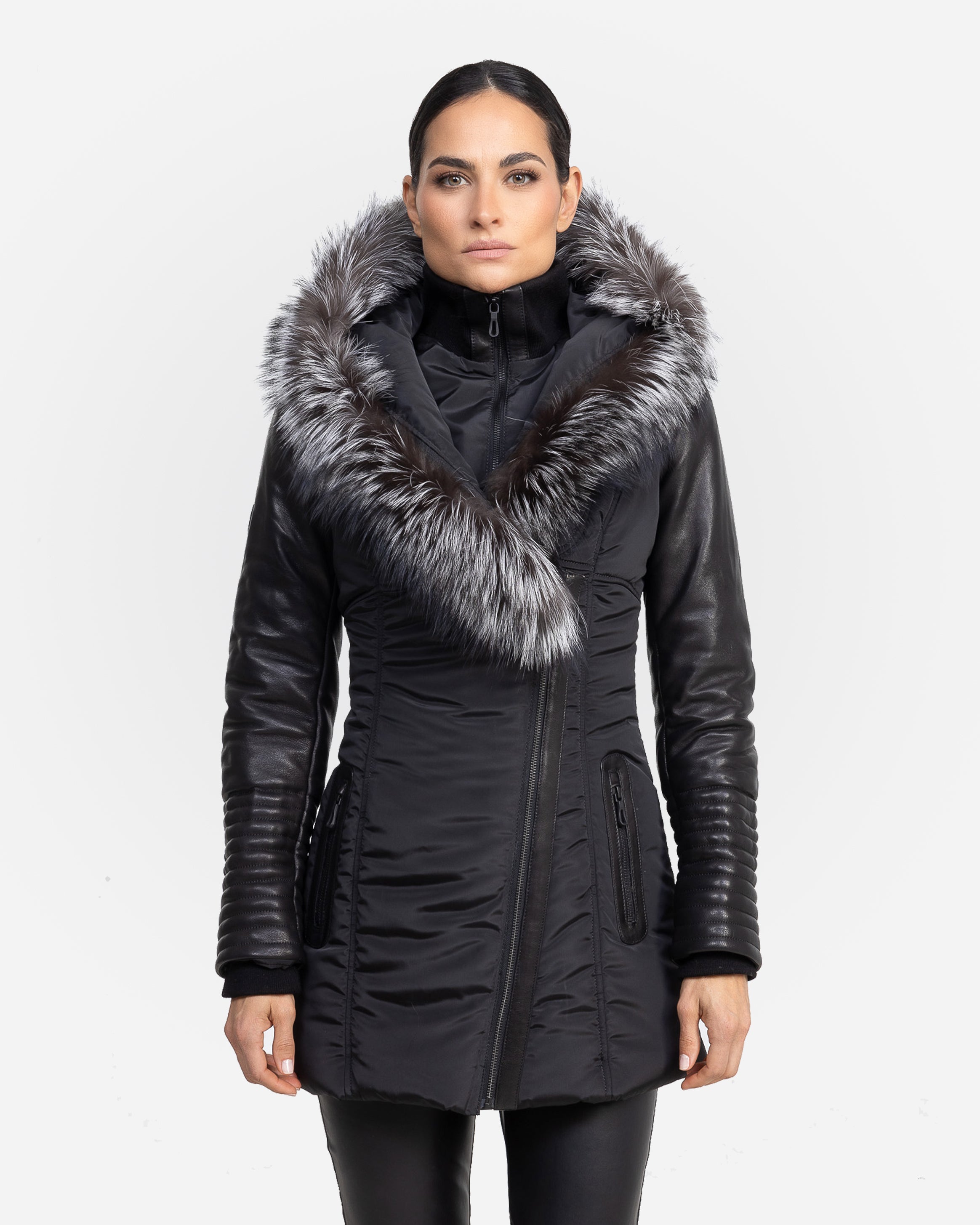 Melania Puffer Jacket With Leather Sleeves