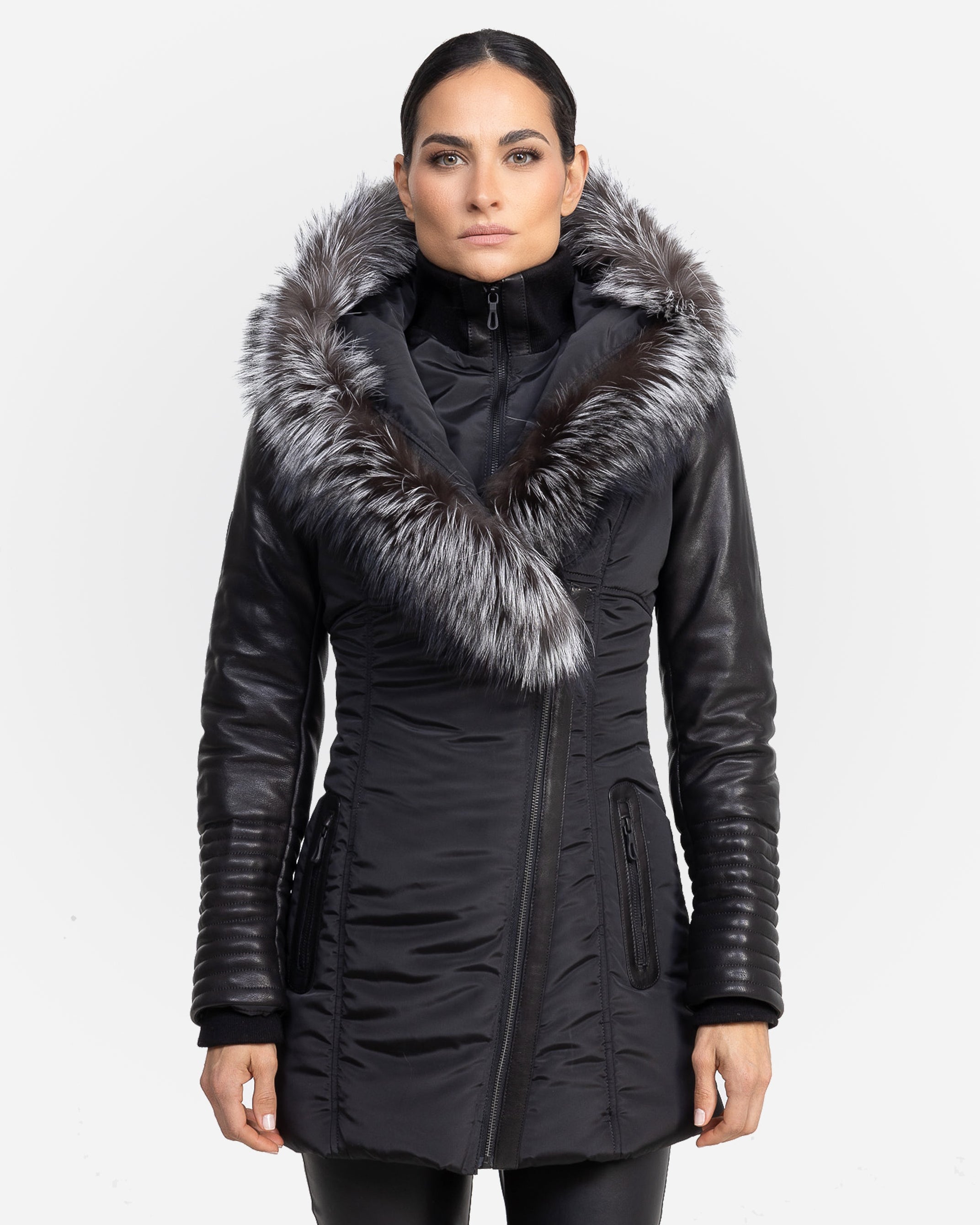 Melania - Silver Fox Puffer Jacket With Leather Sleeves
