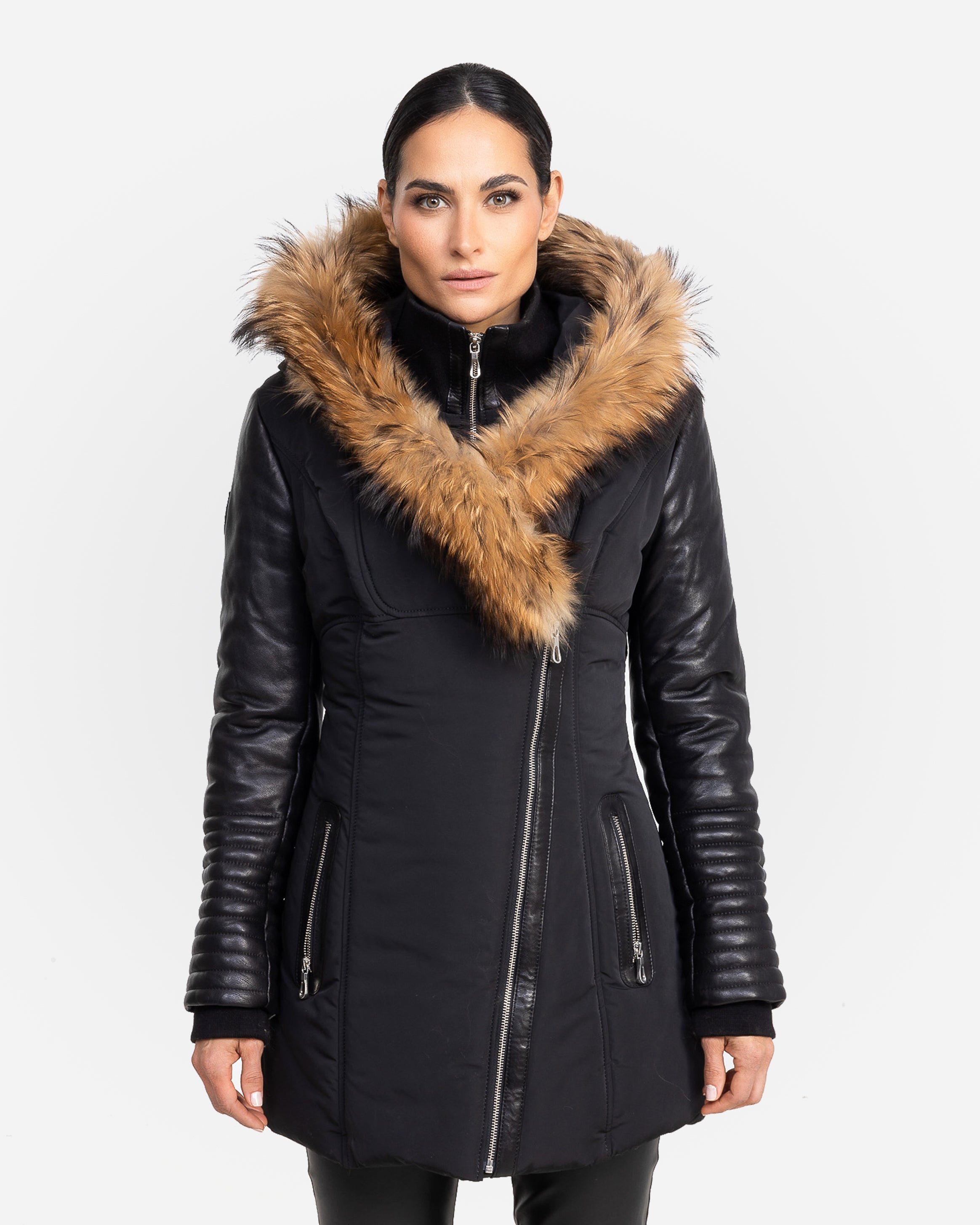 Melania Down Puffer With Leather Sleeves