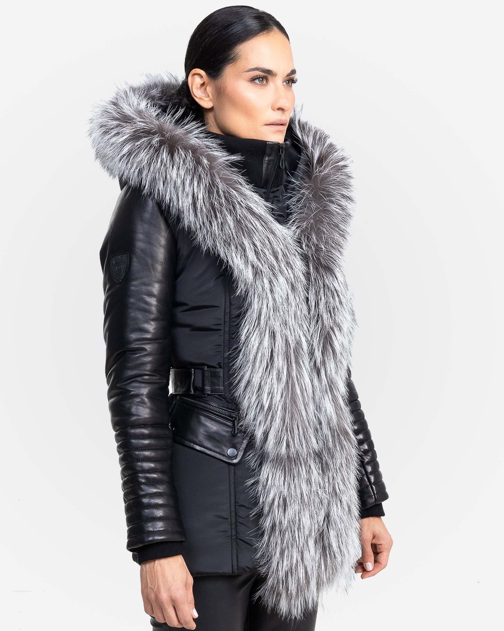 Kim Leather Sleeve Jacket with Silver Fox Fur