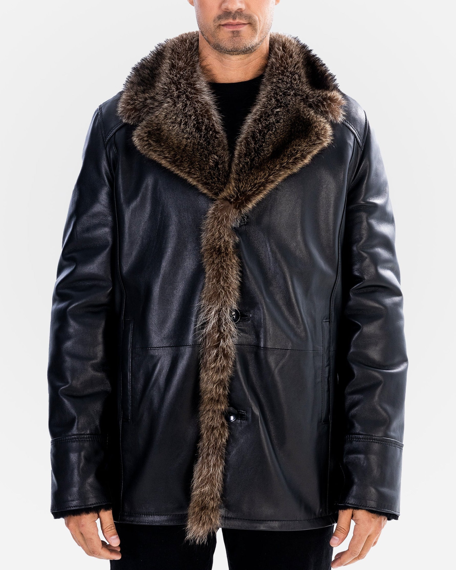 BRAD MEN'S  Genuine SHEARLING  JACKET with FOX FUR-thumbmail-4