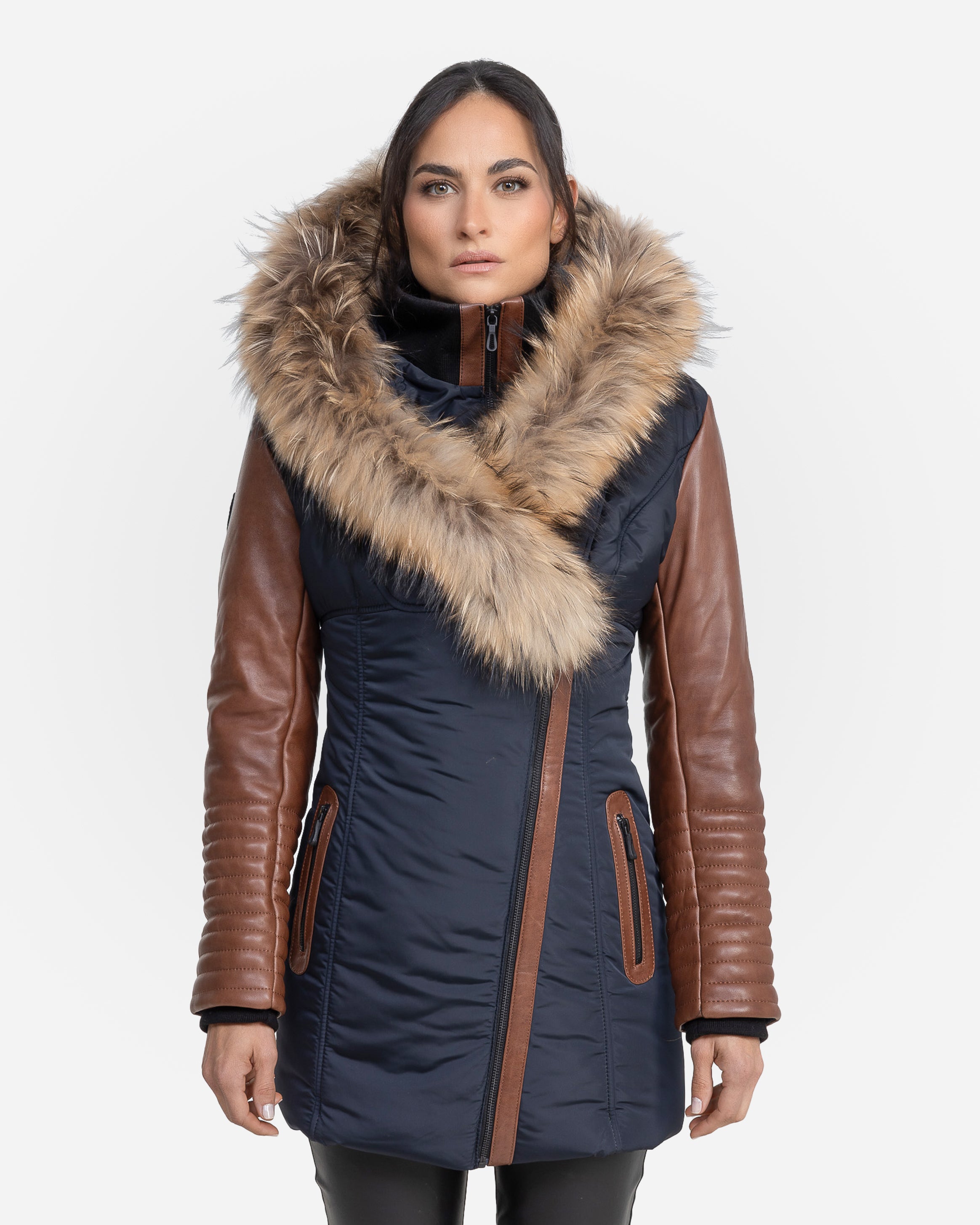 Melania Down Puffer With Leather Sleeves