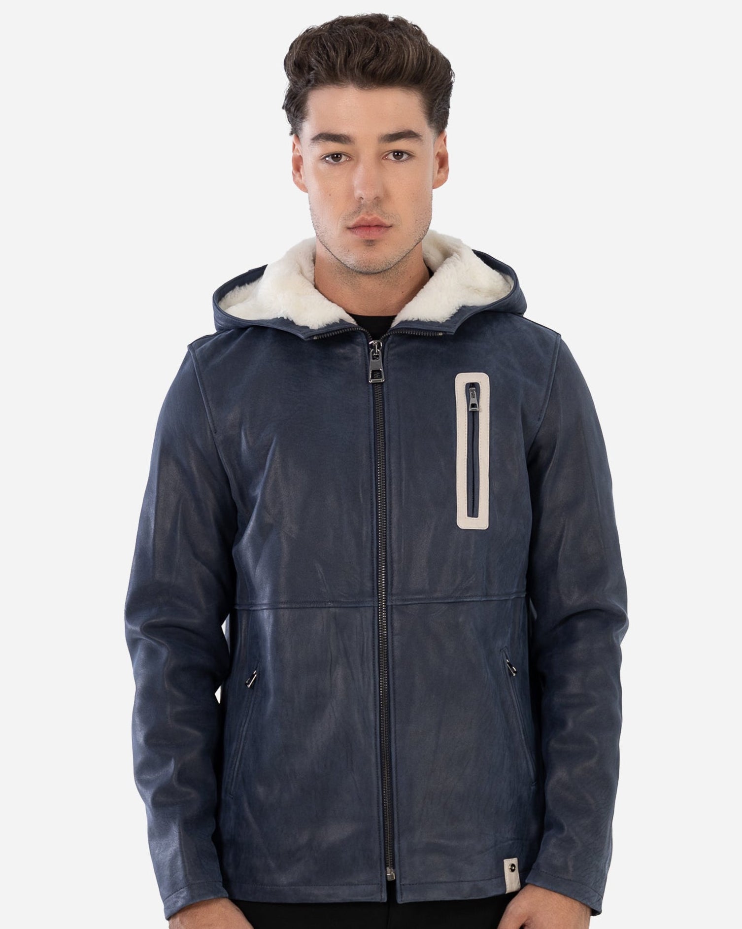 Veste en cuir Philippe - Doublure de capuche en peau lainée blanche contrastée