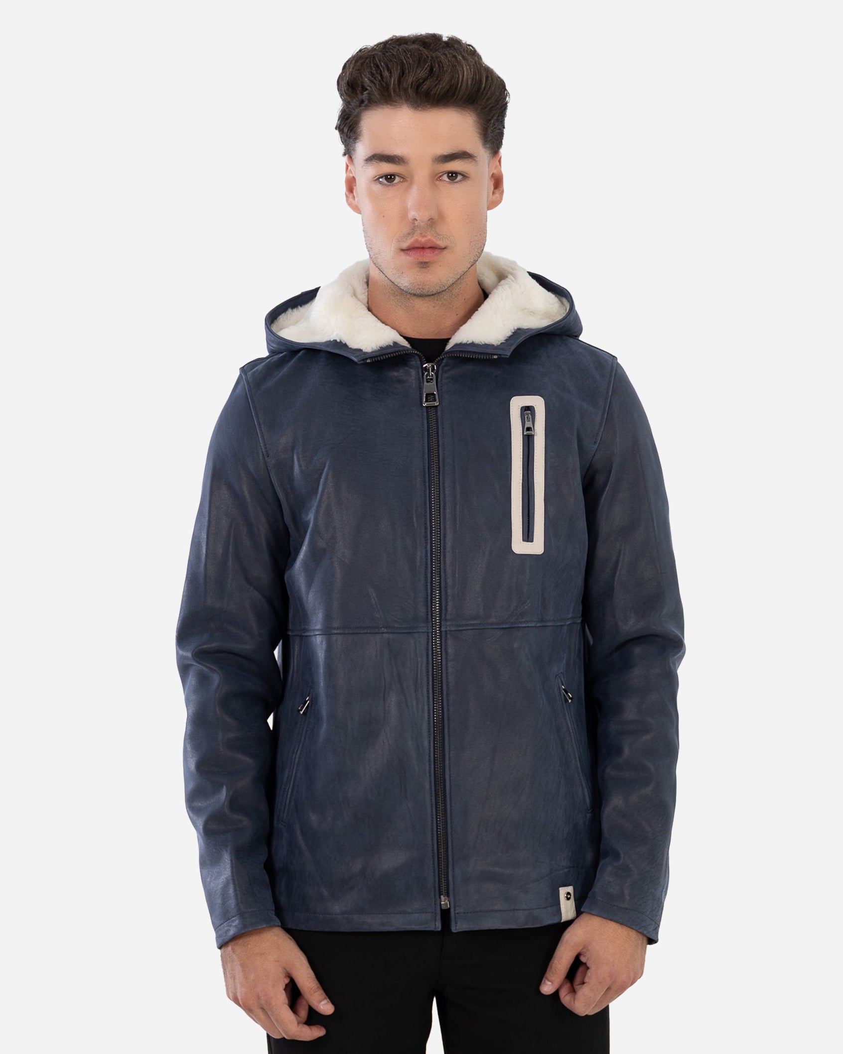 Philippe Leather Jacket - Contrast white shearling hood lining