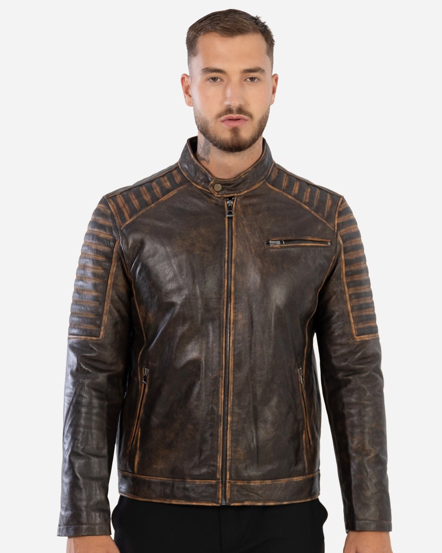 VESTE LEO EN CUIR D'AGNEAU GRAINÉ VINTAGE