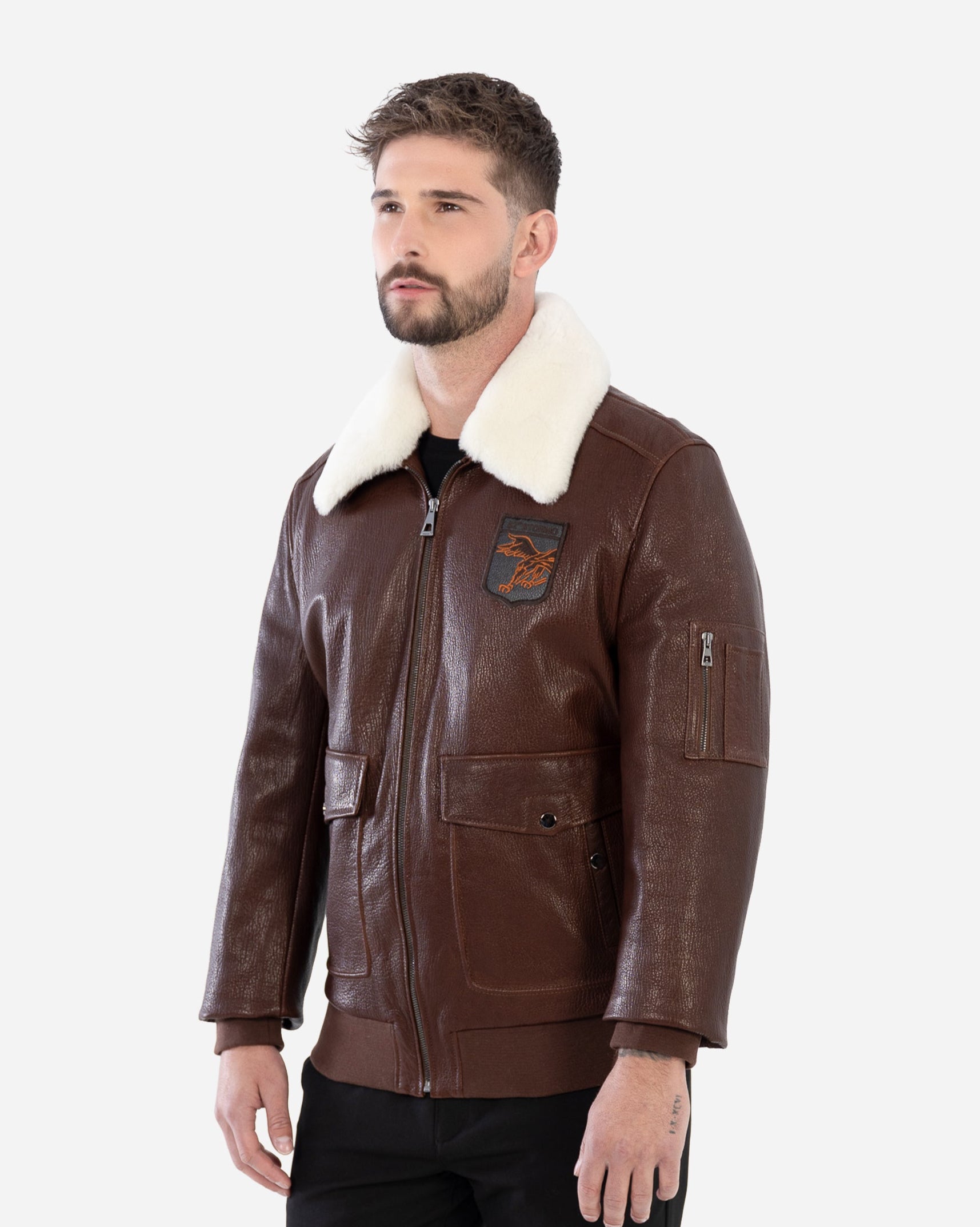 SANDRO BOMBER JACKET IN GRAINED LEATHER AND SHEARLING