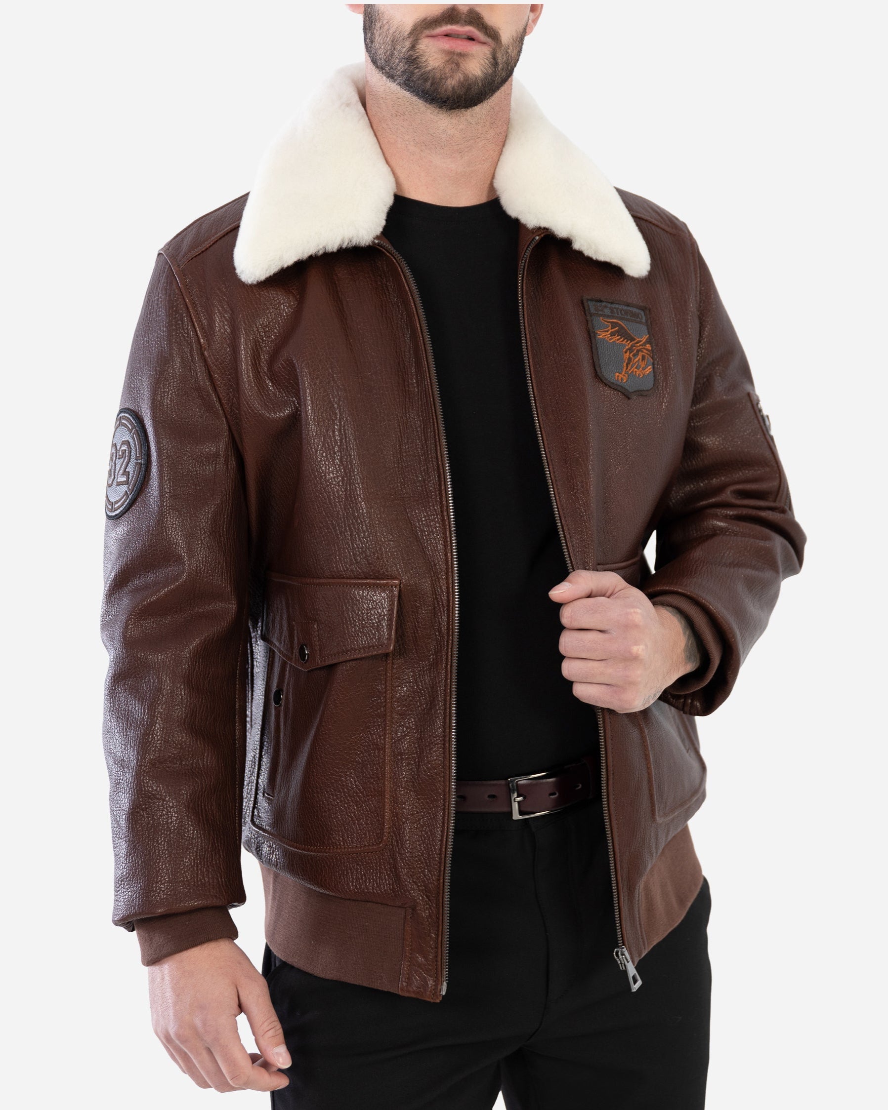 SANDRO BOMBER JACKET IN GRAINED LEATHER AND SHEARLING