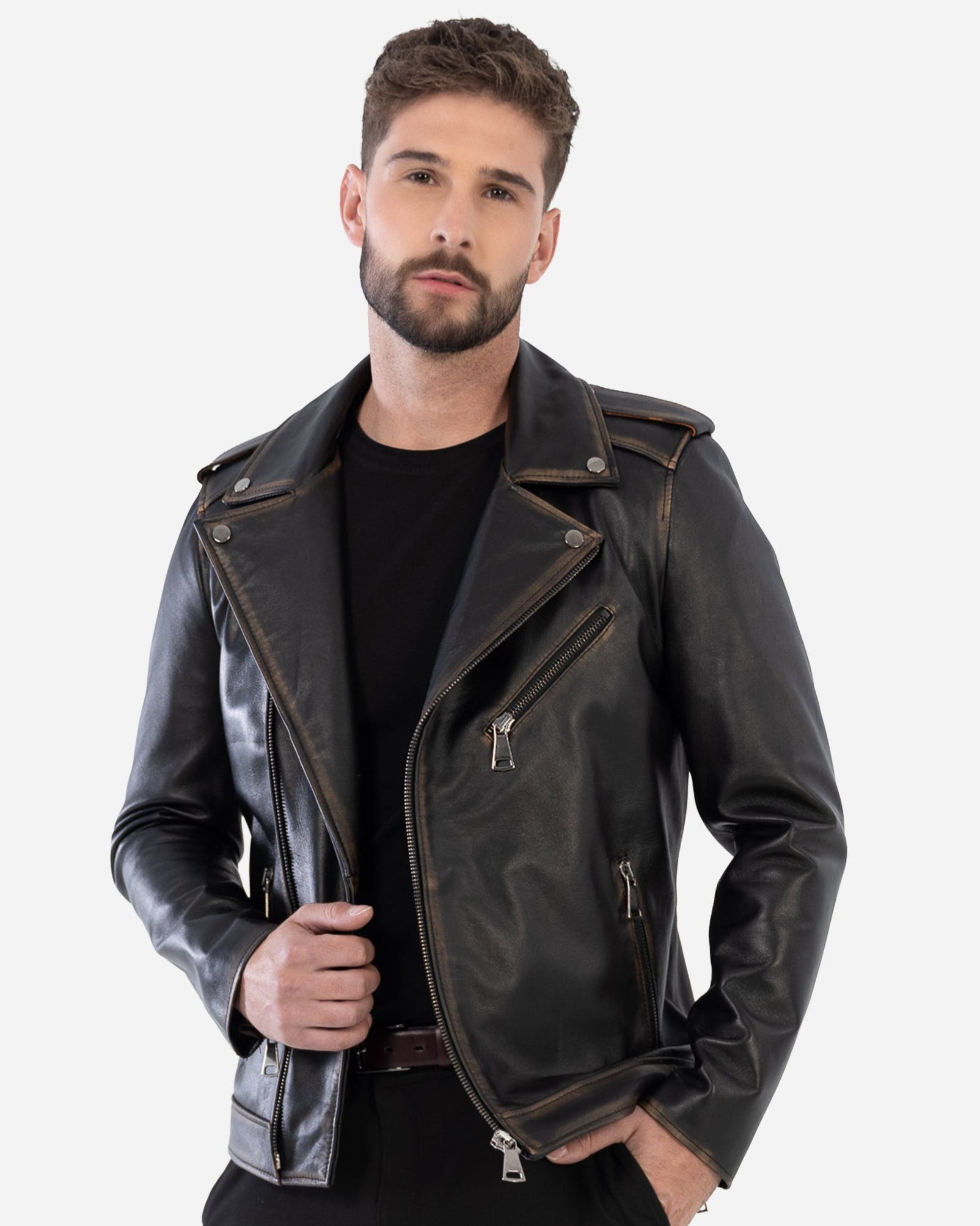 VESTE DE MOTARD EN CUIR D'AGNEAU GRAINÉ VINTAGE