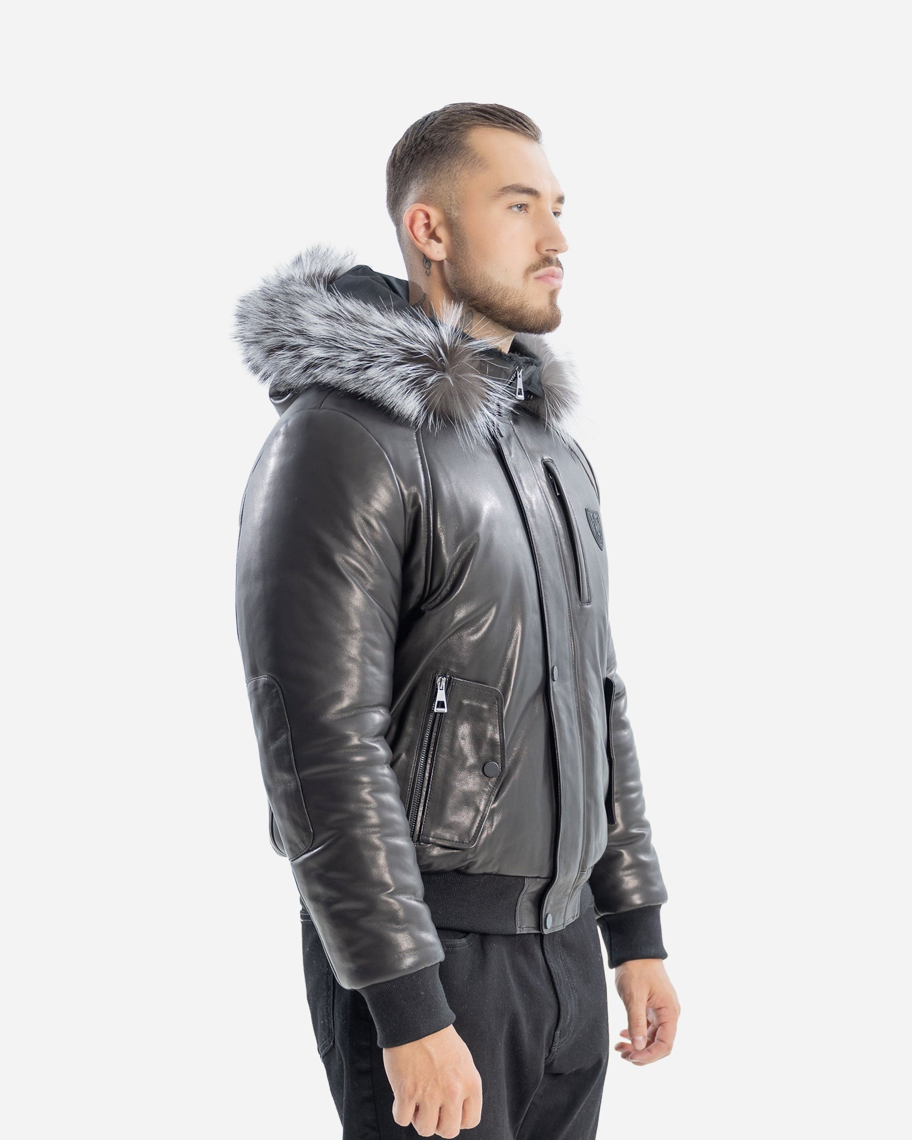 Veste d'hiver Victor pour homme avec manches en cuir et renard argenté