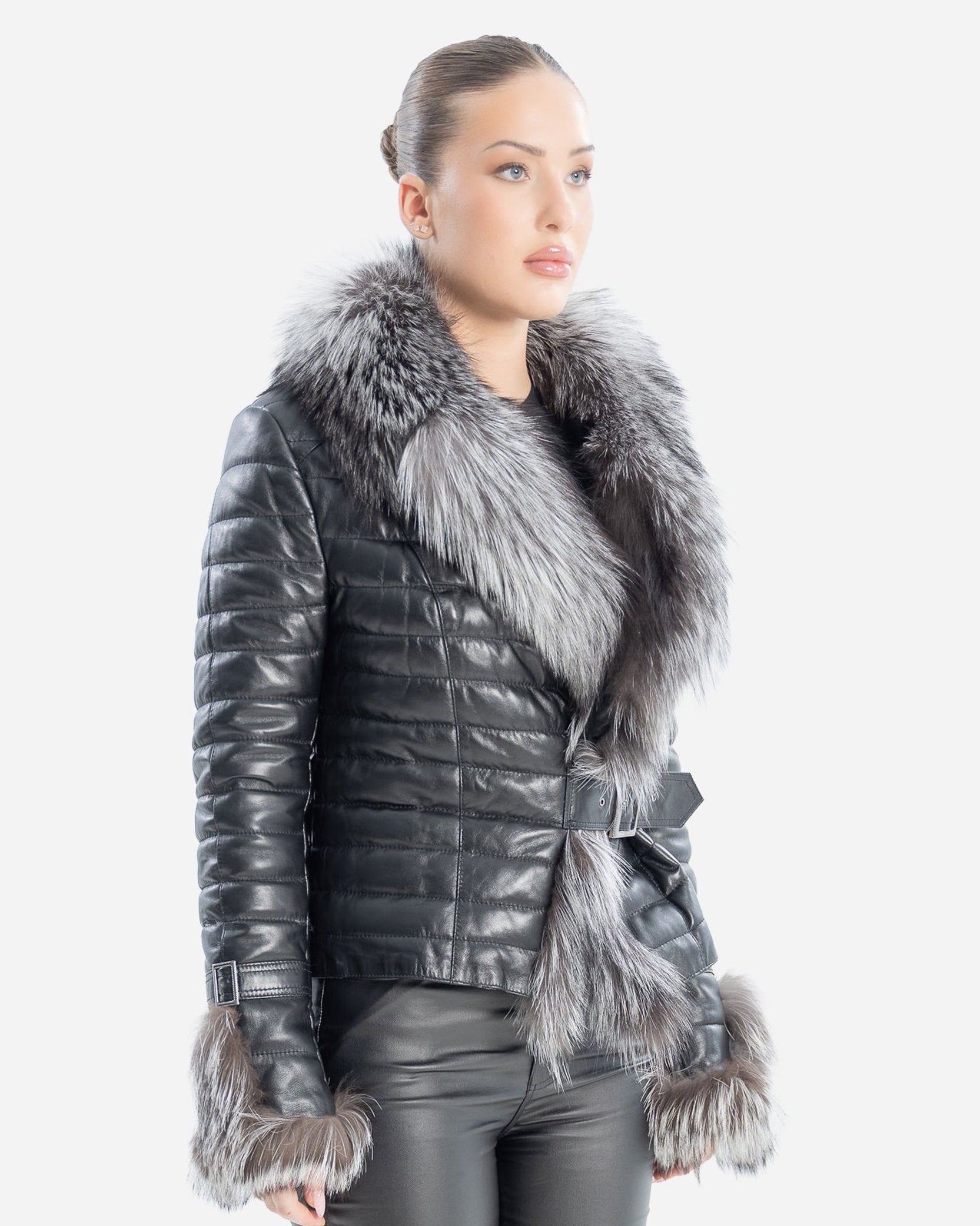 Gianna Women's Leather Coat with Silver Fox Fur